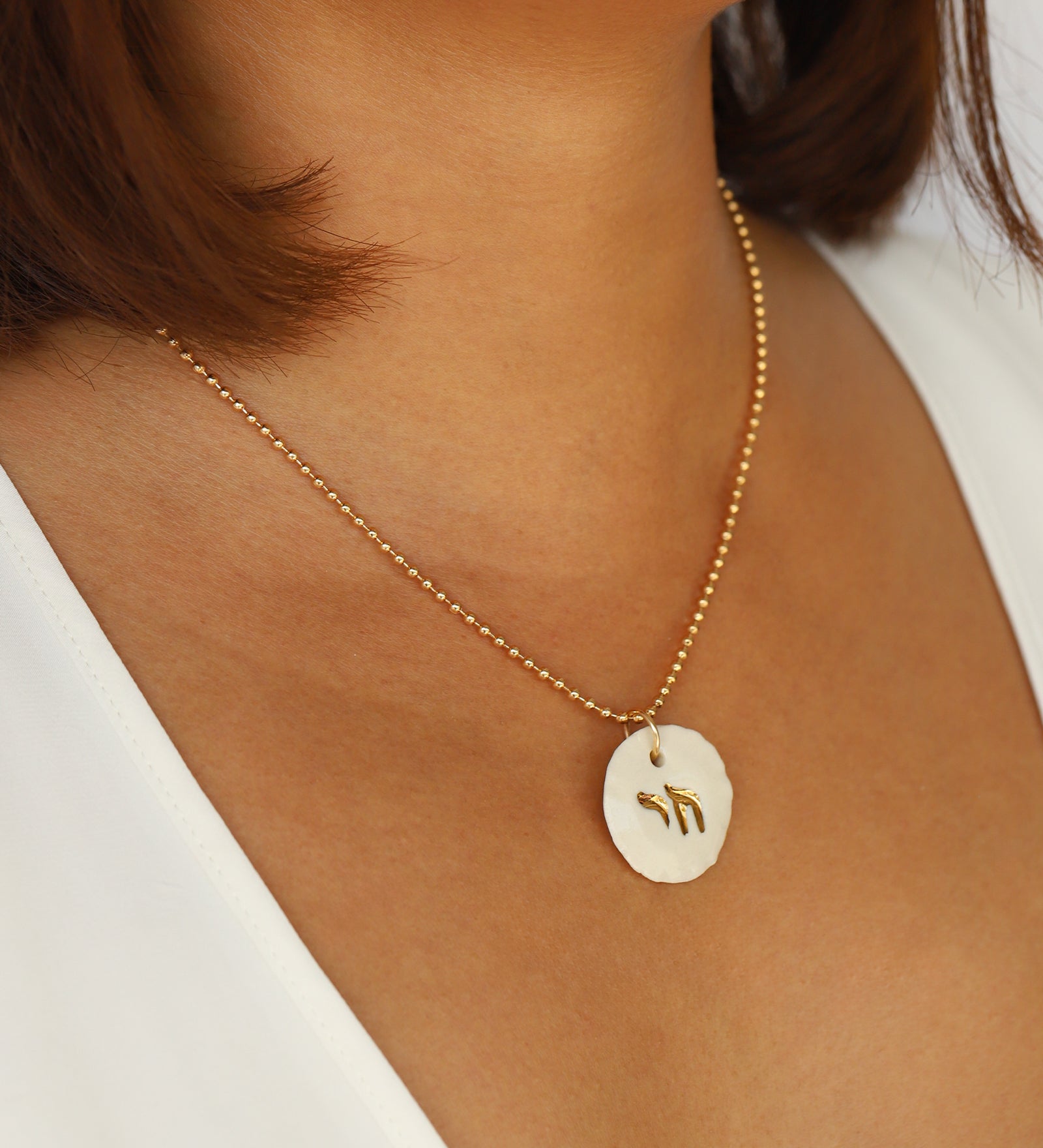 Embossed Chai Charm Necklace Gold Filled, Hand Sculpted Porcelain