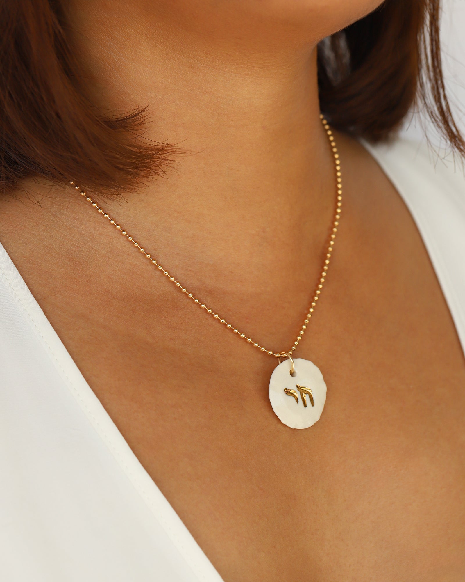 Embossed Chai Charm Necklace Gold Filled, Hand Sculpted Porcelain