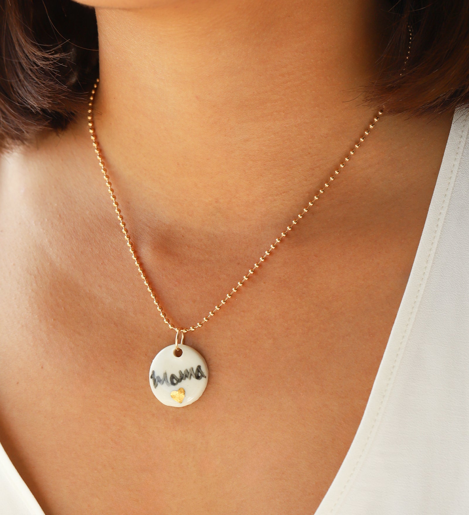 Mama Charm Necklace Gold Filled, Hand Sculpted Porcelain