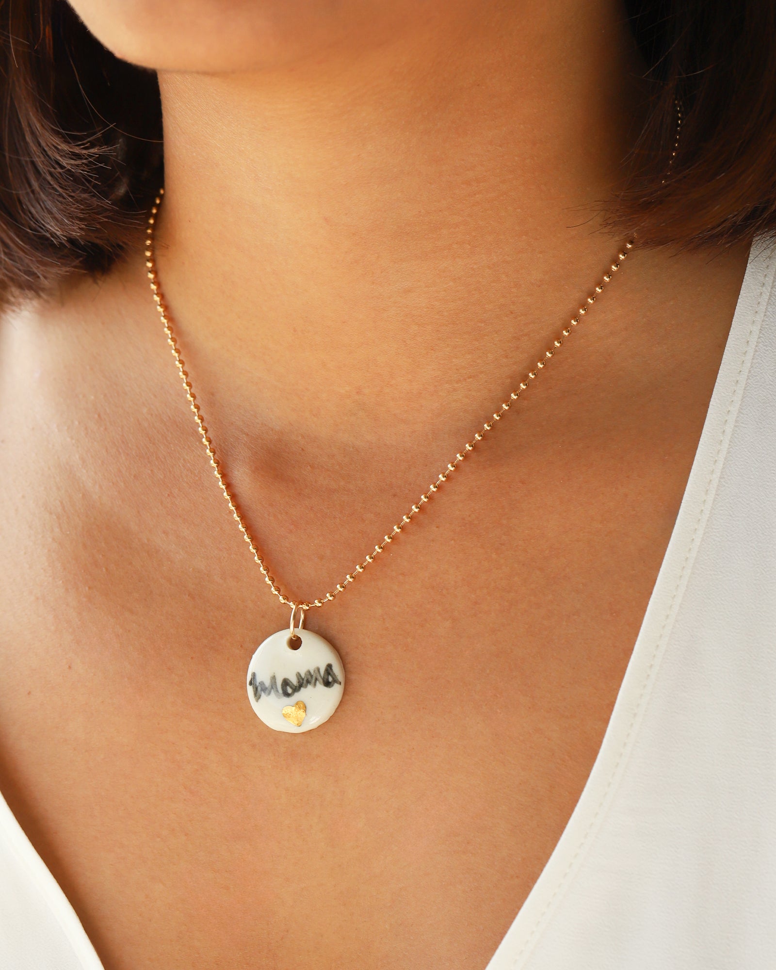 Mama Charm Necklace Gold Filled, Hand Sculpted Porcelain