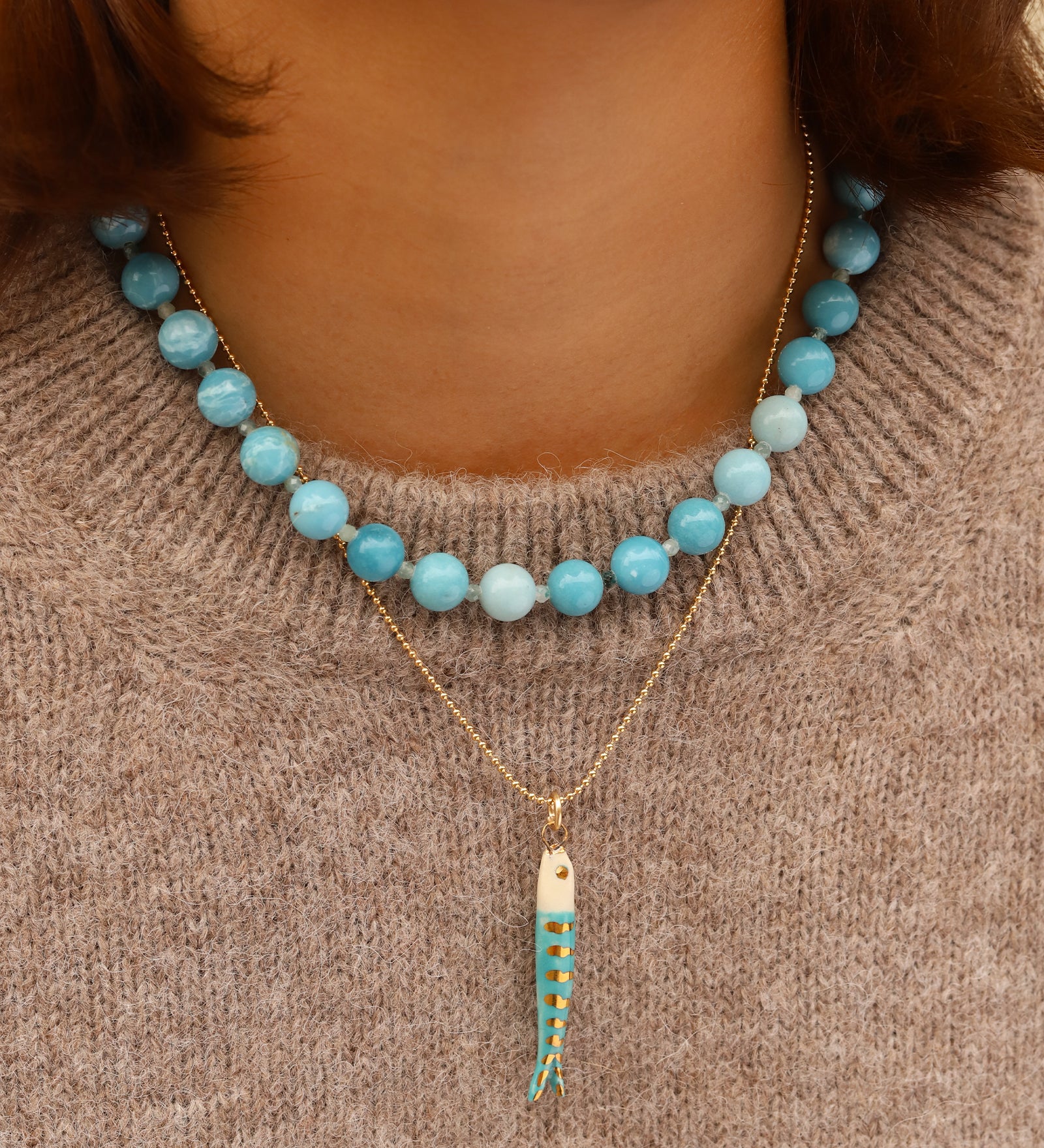 Mini Catch Necklace Gold Filled, Hand Sculpted Porcelain