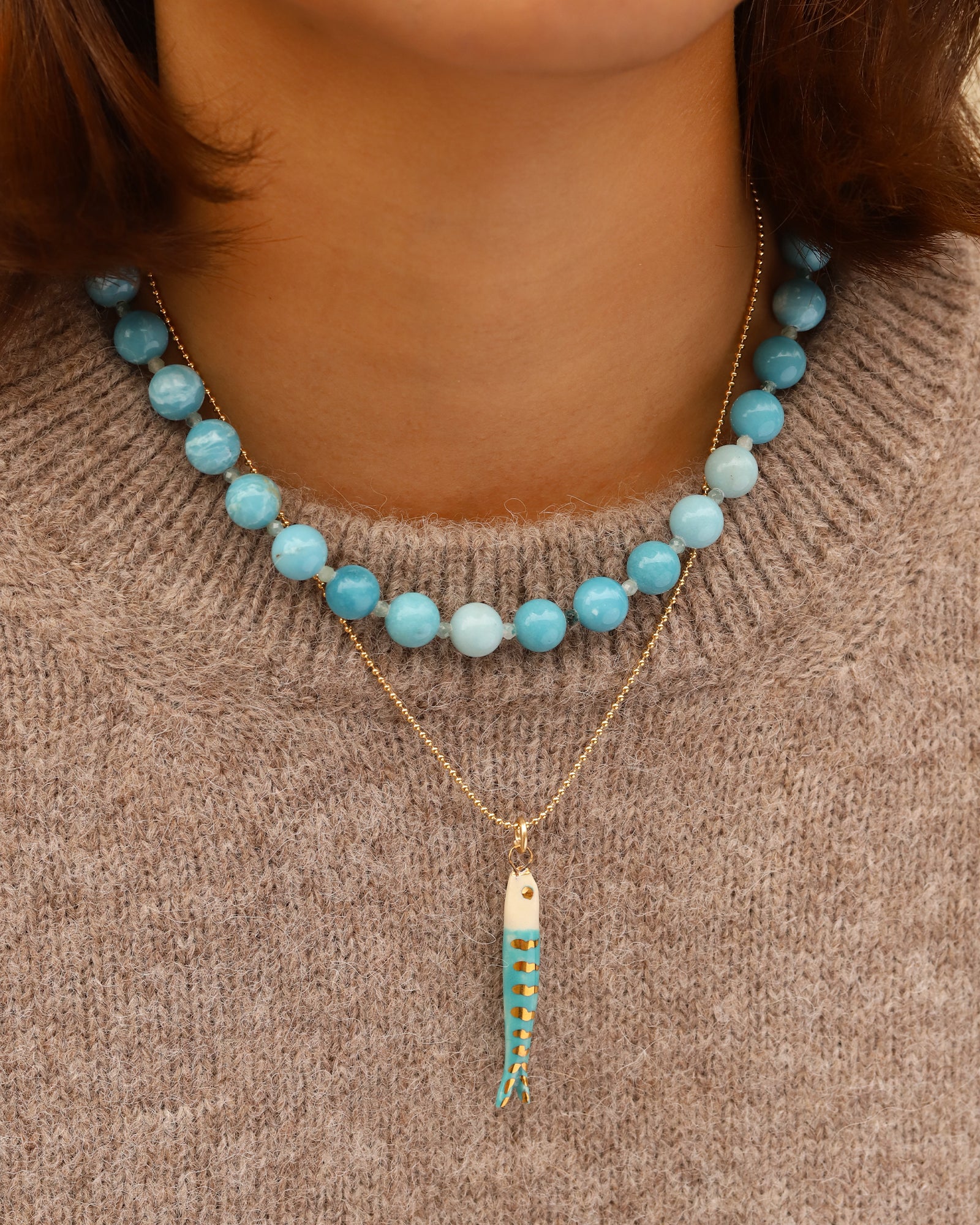 Mini Catch Necklace Gold Filled, Hand Sculpted Porcelain