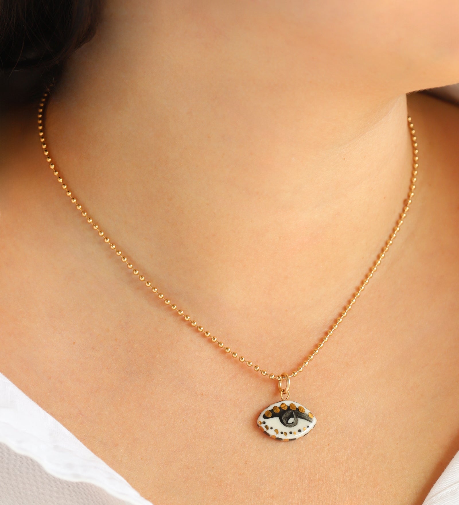 Not So Evil Eye Charm Necklace Gold Filled, Hand Sculpted Porcelain