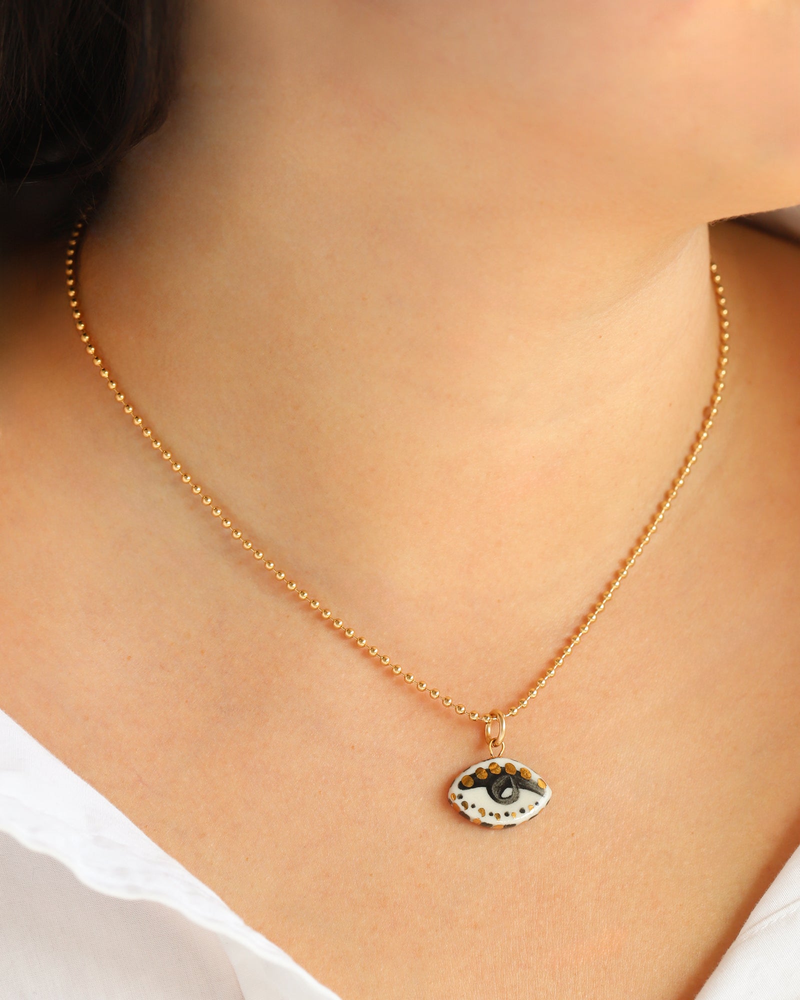 Not So Evil Eye Charm Necklace Gold Filled, Hand Sculpted Porcelain
