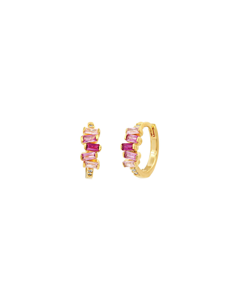 Tai-Stacked Baguette Huggies I 14mm-Earrings-Gold Plated, Pink Cubic Zirconia-Blue Ruby Jewellery-Vancouver Canada