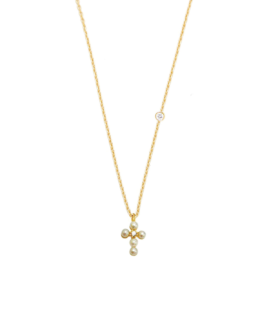 Tai-Mini Pearl Cross Necklace-Necklaces-Gold Plated, Cubic Zirconia-Blue Ruby Jewellery-Vancouver Canada