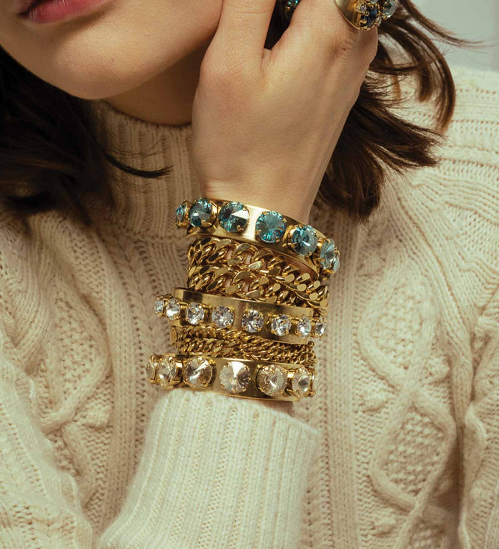 Keira Cuff Gold Plated, Aqua Champagne Crystal
