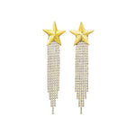 Gold Star Fringe Earrings Gold Plated, White Crystal