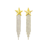 Gold Star Fringe Earrings Gold Plated, White Crystal