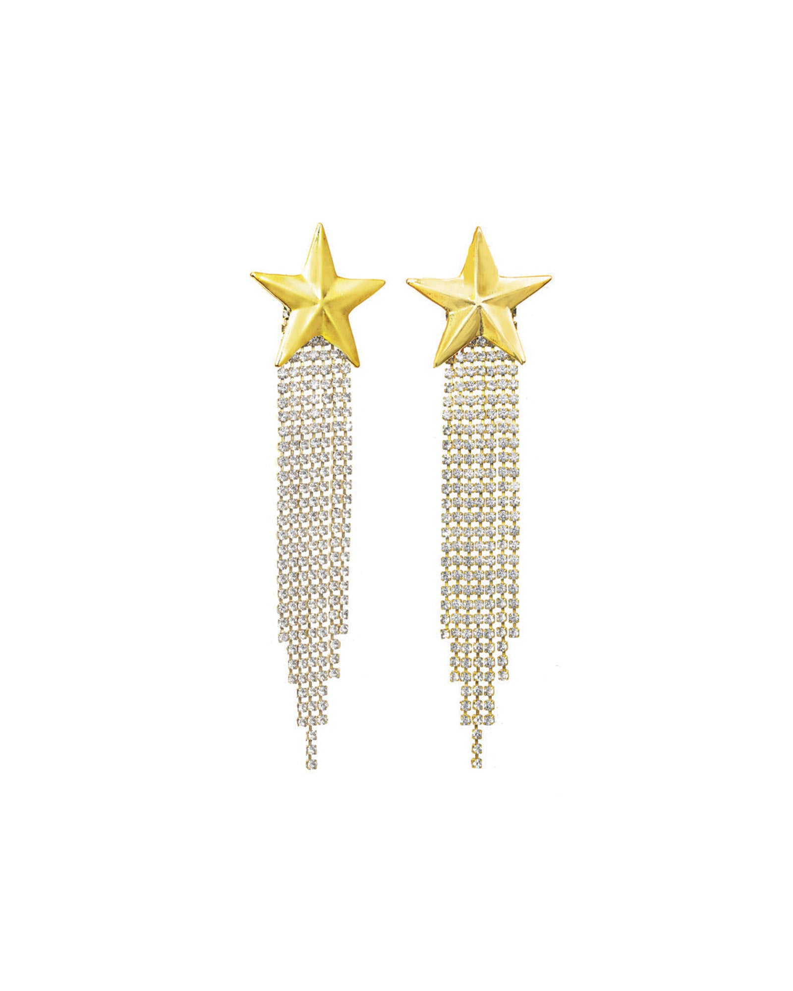 Gold Star Fringe Earrings Gold Plated, White Crystal