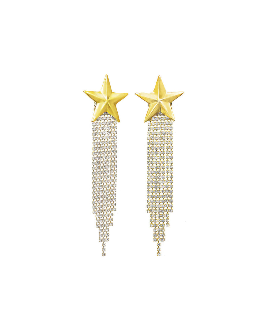 Gold Star Fringe Earrings Gold Plated, White Crystal