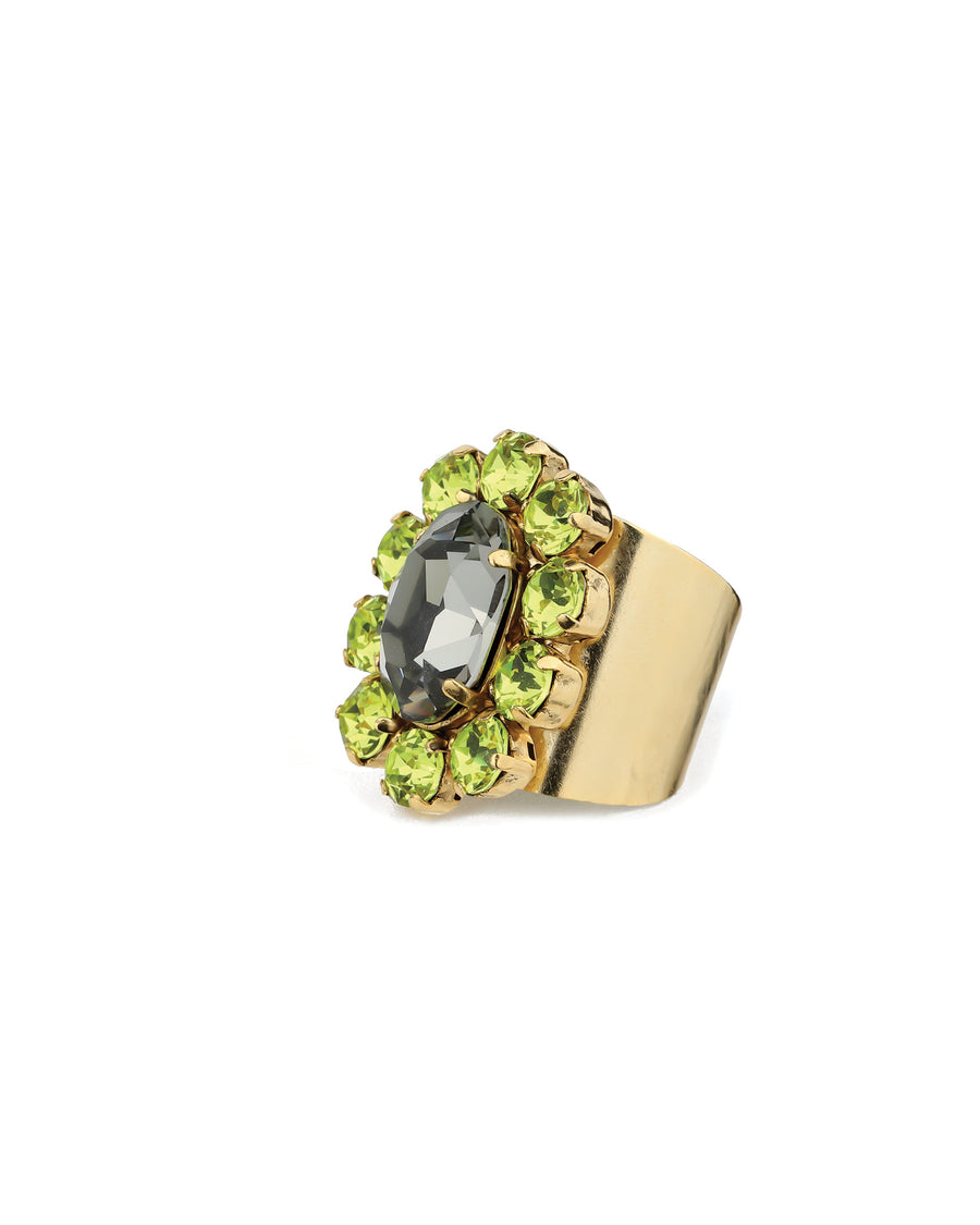 TOVA-Edith Oval Ring-Rings-Gold Plated, Chartreuse Black Diamond Mix Crystal-Blue Ruby Jewellery-Vancouver Canada