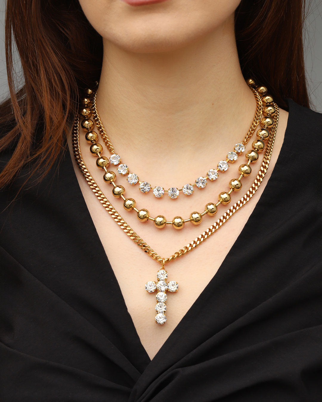 TOVA-Cross Necklace-Necklaces-14k Gold Plated, White Crystal-Blue Ruby Jewellery-Vancouver Canada