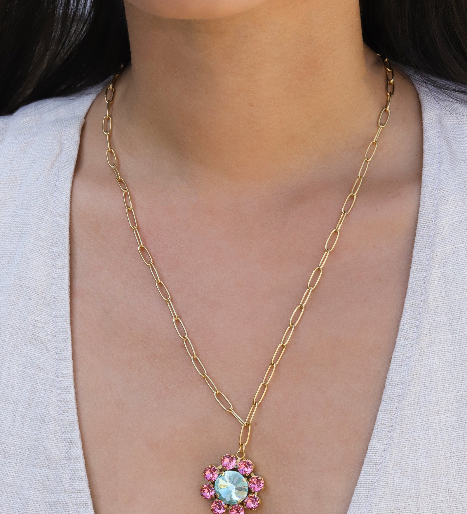 TOVA-Twiggy Necklace-Necklaces-Gold Plated, Pink Aqua Crystal-Blue Ruby Jewellery-Vancouver Canada
