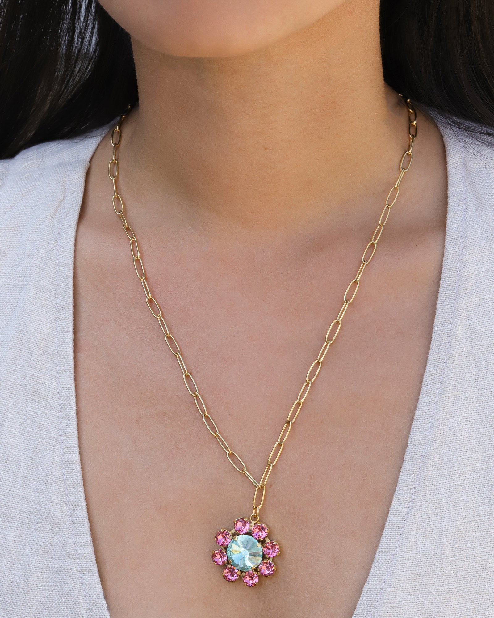TOVA-Twiggy Necklace-Necklaces-Gold Plated, Pink Aqua Crystal-Blue Ruby Jewellery-Vancouver Canada
