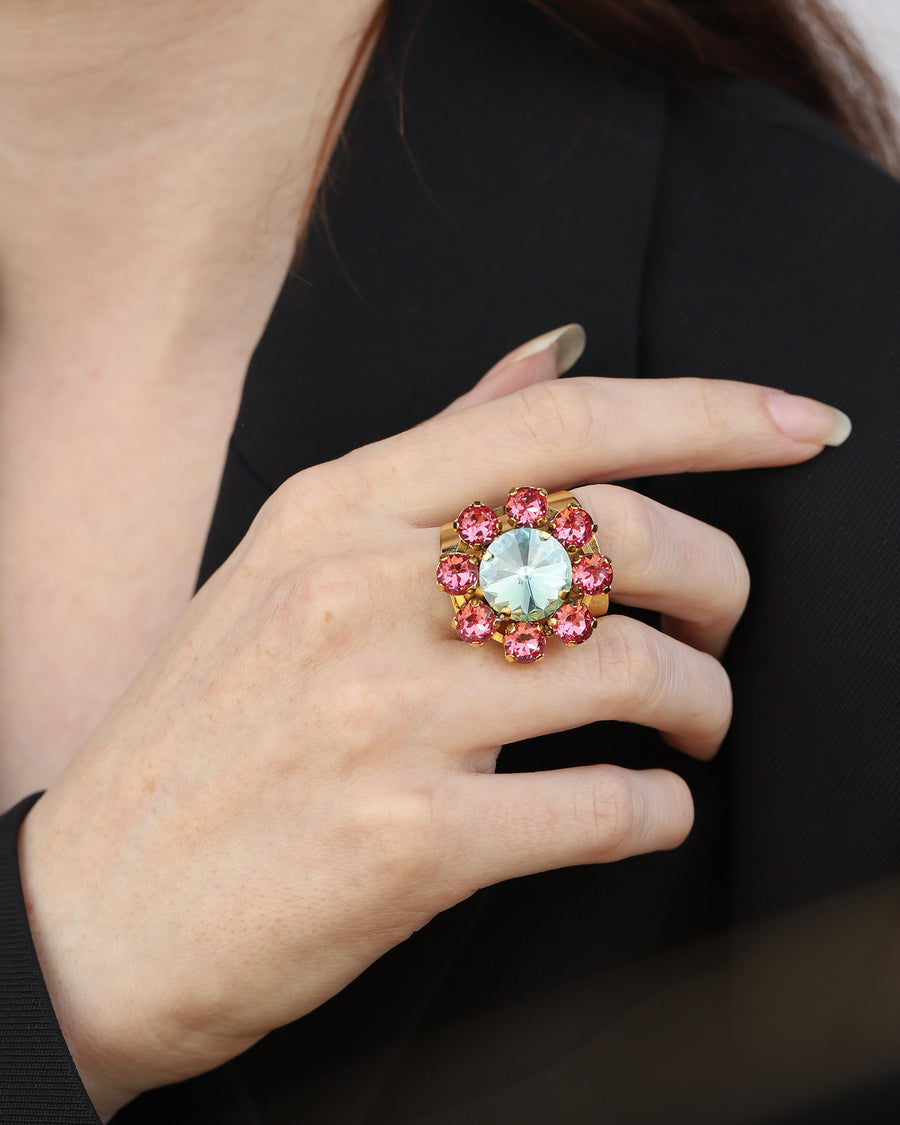 TOVA-Twiggy Ring-Rings-Gold Plated, Pink Aqua Crystal-Blue Ruby Jewellery-Vancouver Canada