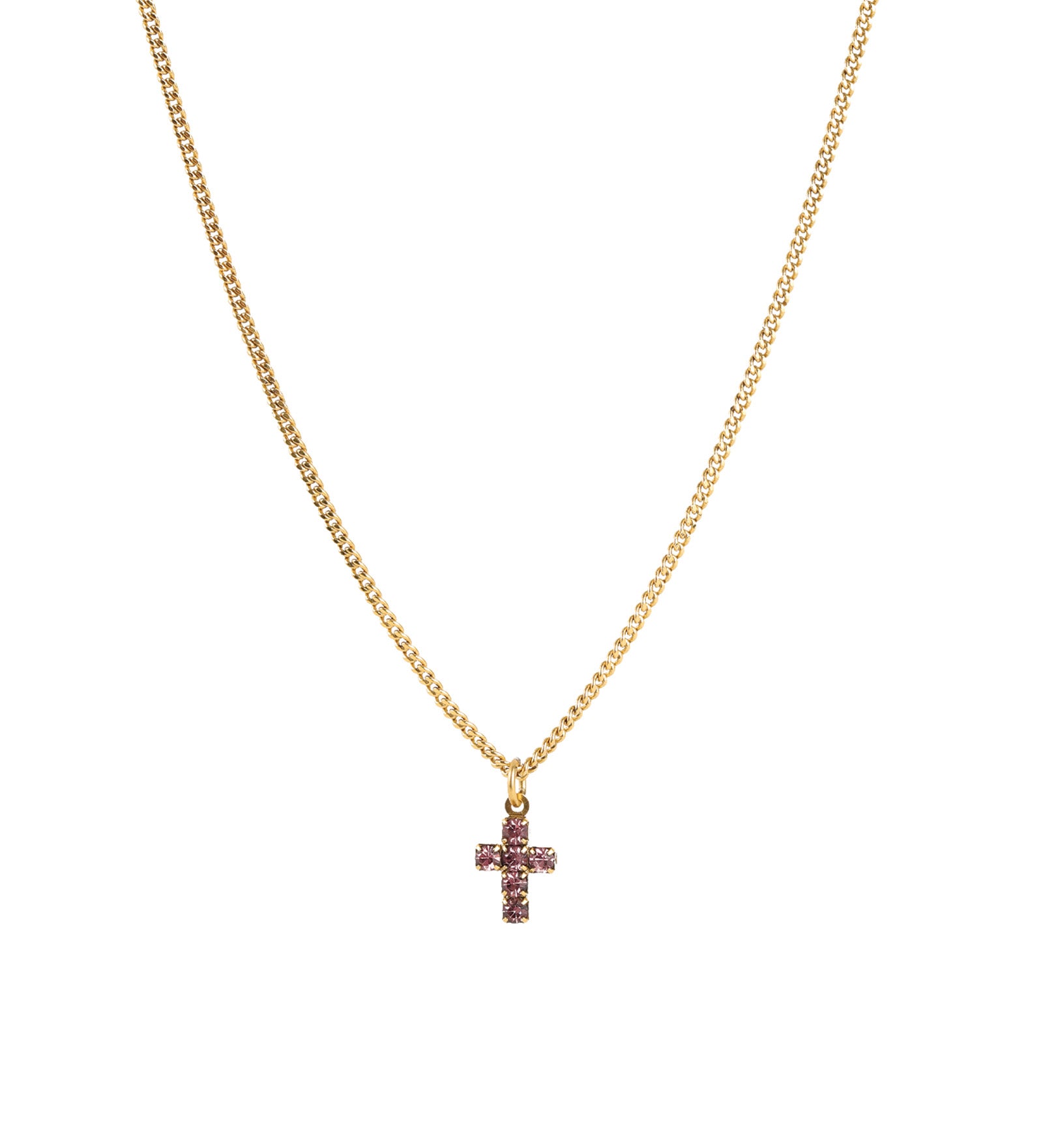 Single Mini Cross Necklace Gold Plated, Light Rose Crystal
