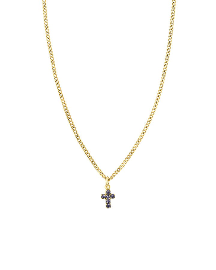 TOVA-Single Mini Cross Necklace-Necklaces-Gold Plated, Tanzanite Crystal-Blue Ruby Jewellery-Vancouver Canada