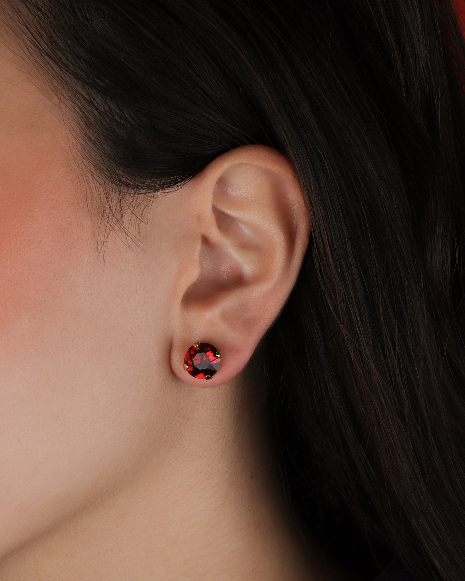 TOVA-Trentley Studs | 10mm-Earrings-14k Gold Plated, Dark Red Crystal-Blue Ruby Jewellery-Vancouver Canada