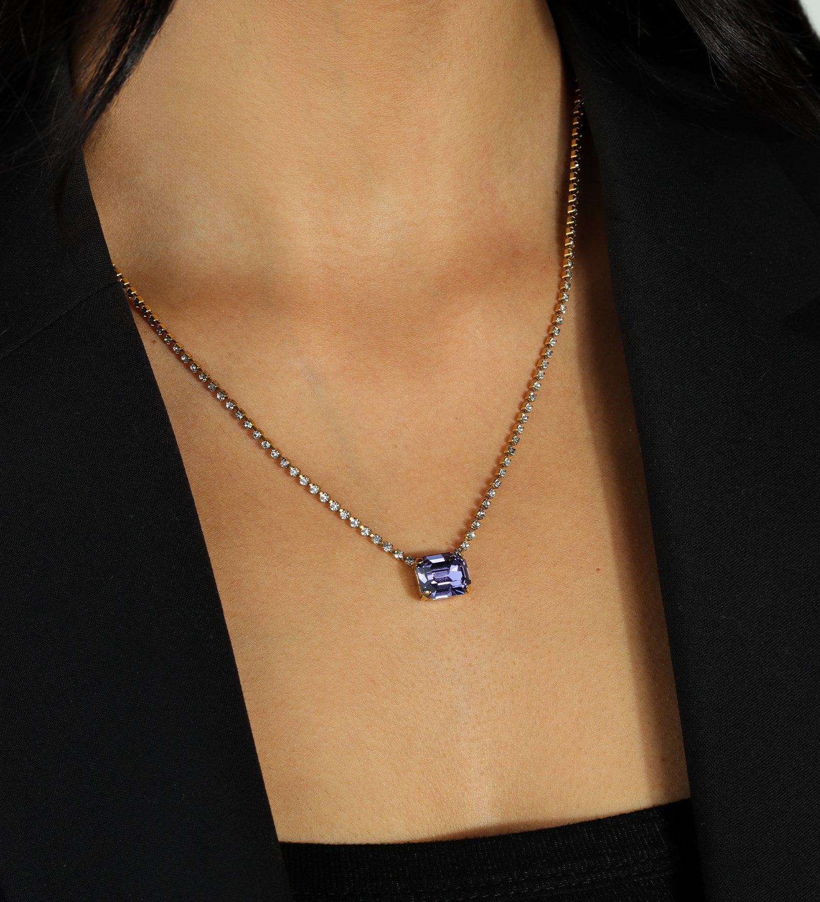 TOVA-Rhys Rectangle Necklace-Necklaces-14k Gold Plated, Tanzanite Crystal-Blue Ruby Jewellery-Vancouver Canada