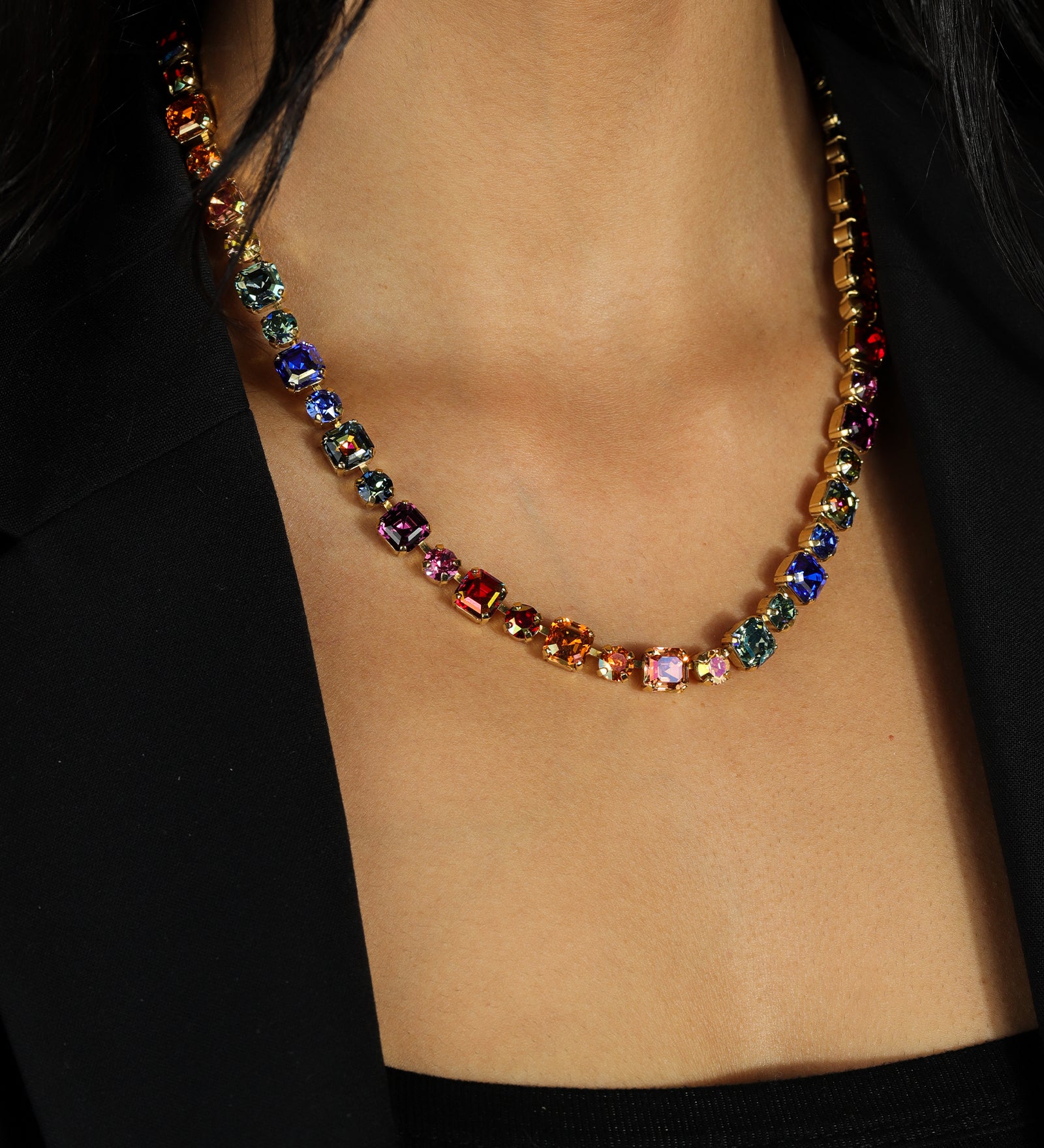 TOVA-Poppy Necklace-Necklaces-14k Gold Plated, Mixed Rainbow Crystal-Blue Ruby Jewellery-Vancouver Canada