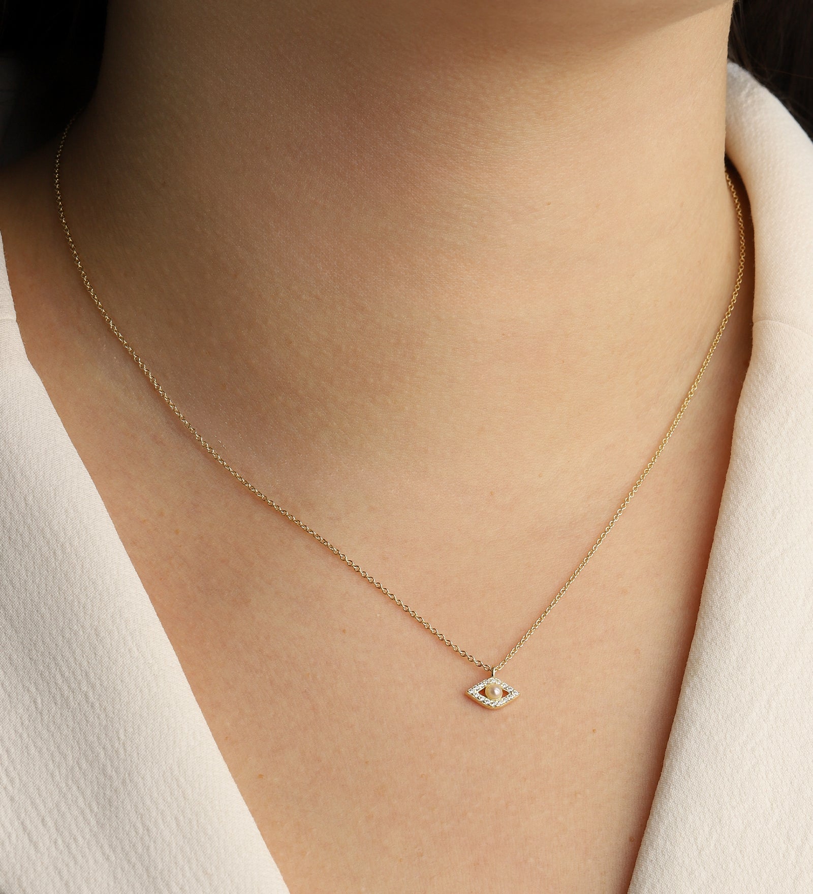 Quiet Icon-Evil Eye Pearl + CZ Necklace-Necklaces-Blue Ruby Jewellery-Vancouver Canada