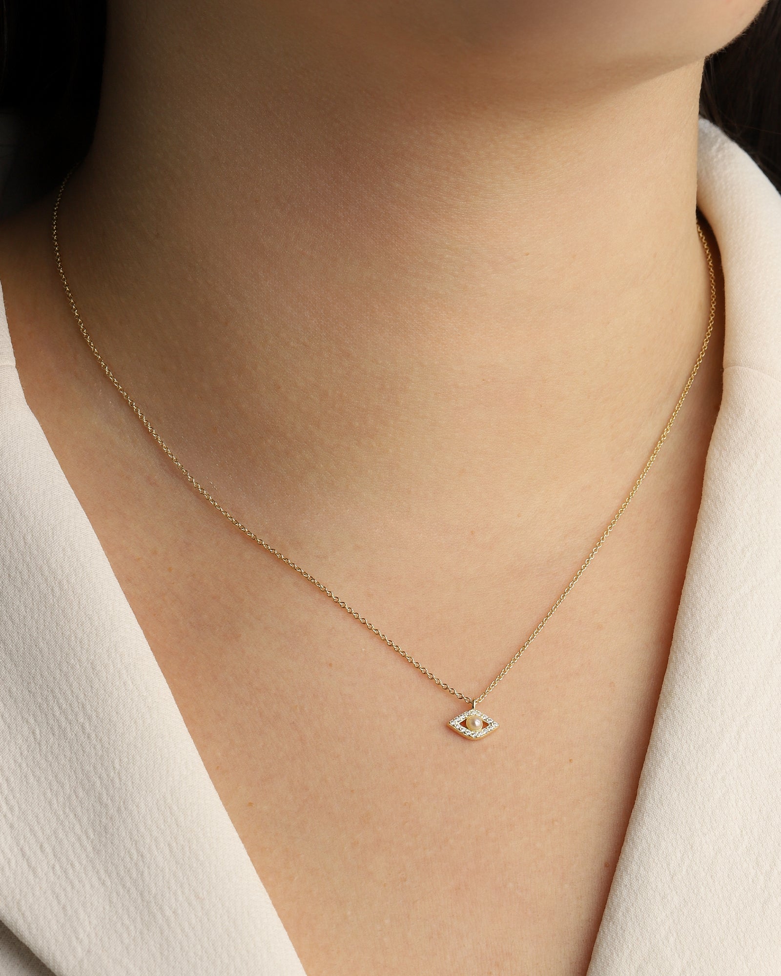 Quiet Icon-Evil Eye Pearl + CZ Necklace-Necklaces-Blue Ruby Jewellery-Vancouver Canada