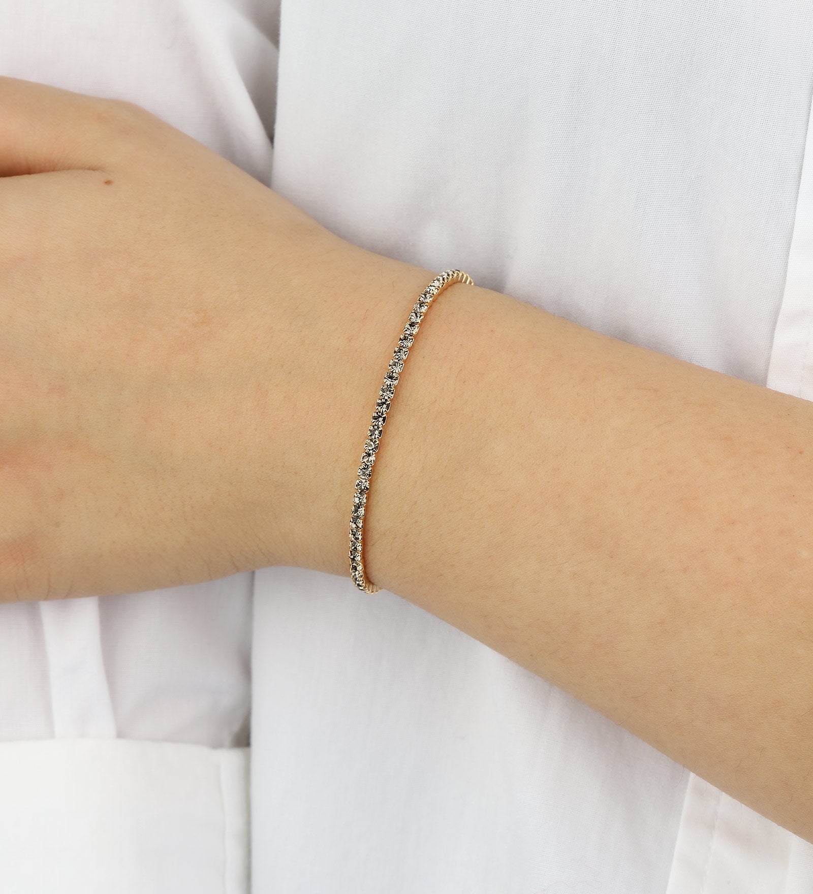 Weekend Ritual-1 Row 2.5mm CZ Stretch Bracelet-Bracelets-Gold Plated, Black Diamond Cubic Zirconia-Blue Ruby Jewellery-Vancouver Canada