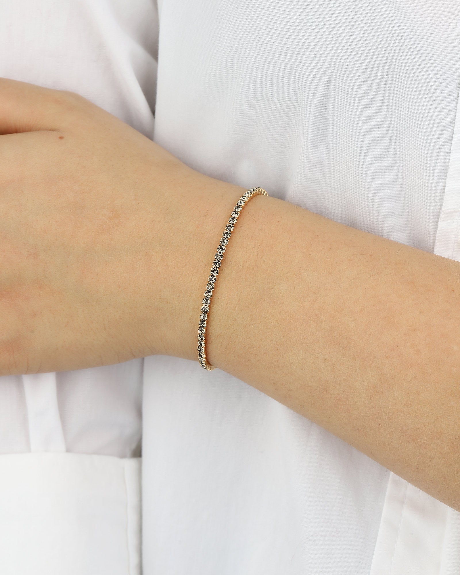 Weekend Ritual-1 Row 2.5mm CZ Stretch Bracelet-Bracelets-Gold Plated, Black Diamond Cubic Zirconia-Blue Ruby Jewellery-Vancouver Canada
