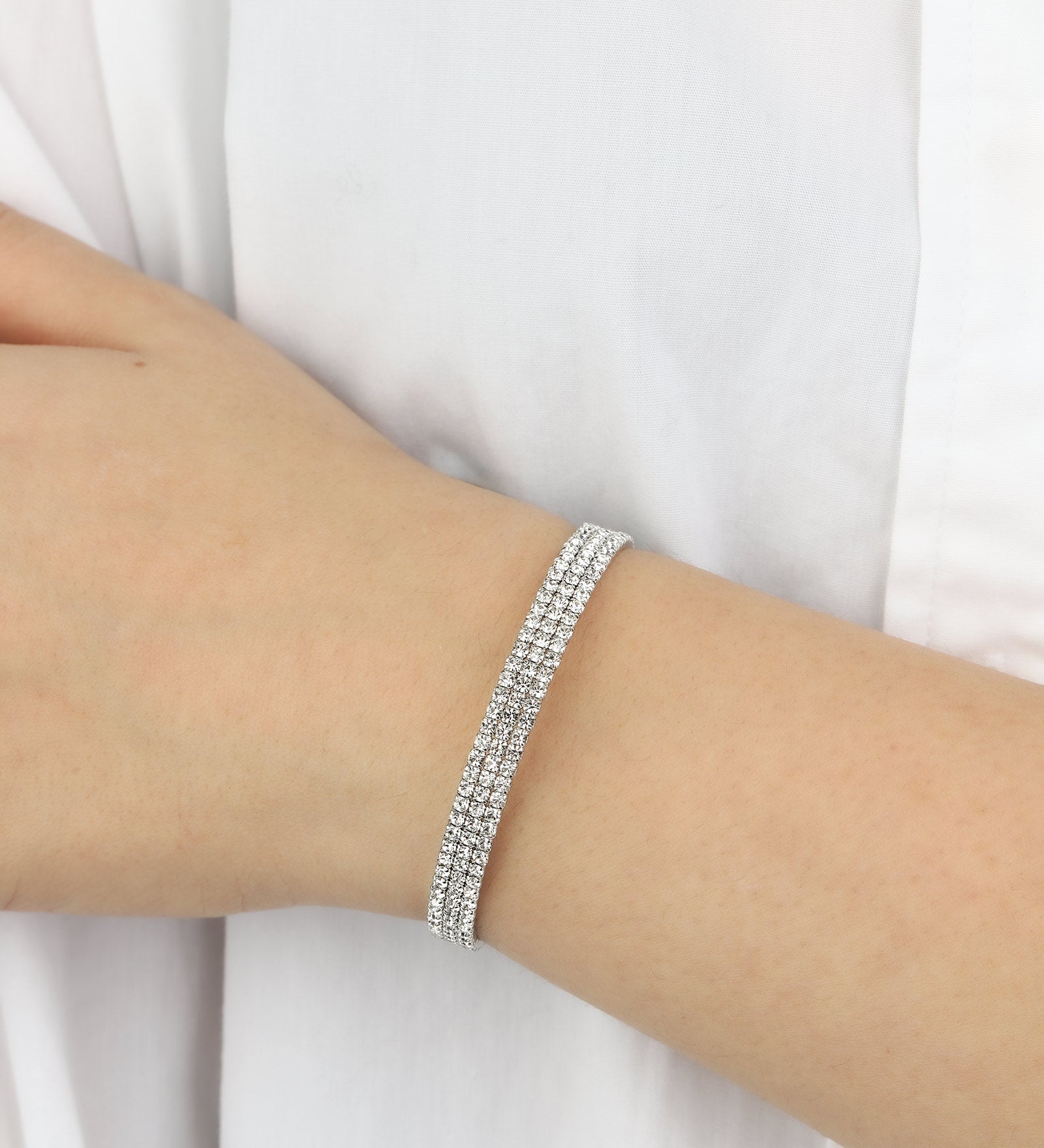 3 Row Crystal Bracelet Silver Tone, White Crystal