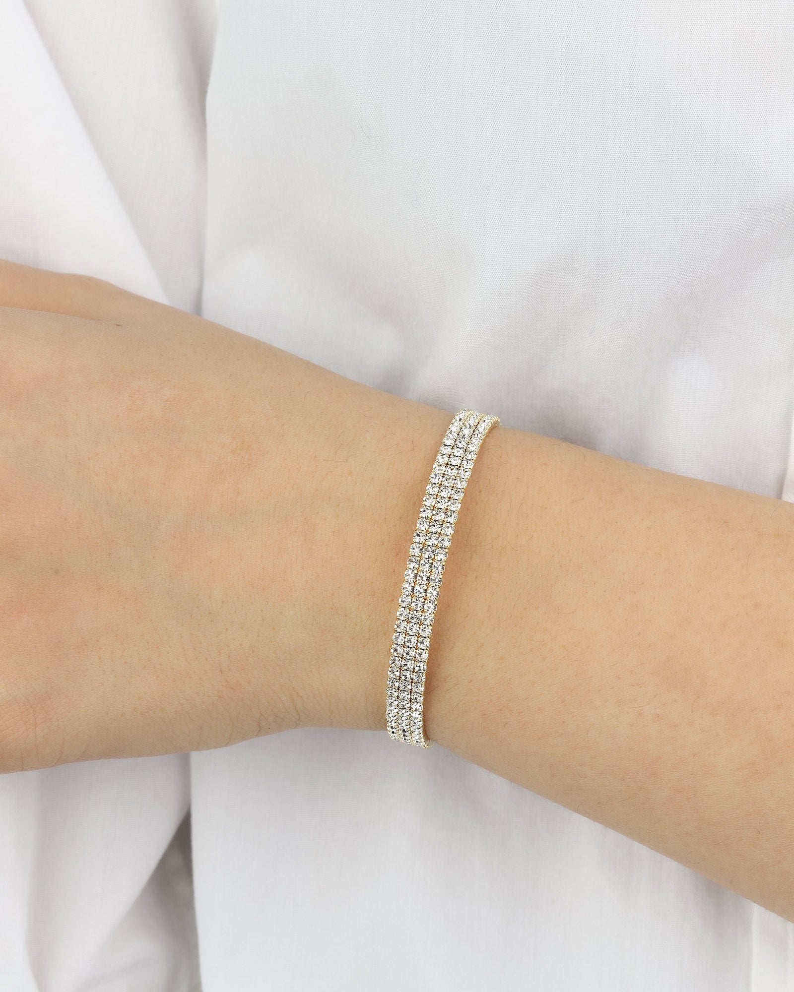 3 Row Crystal Bracelet Gold Tone, White Crystal