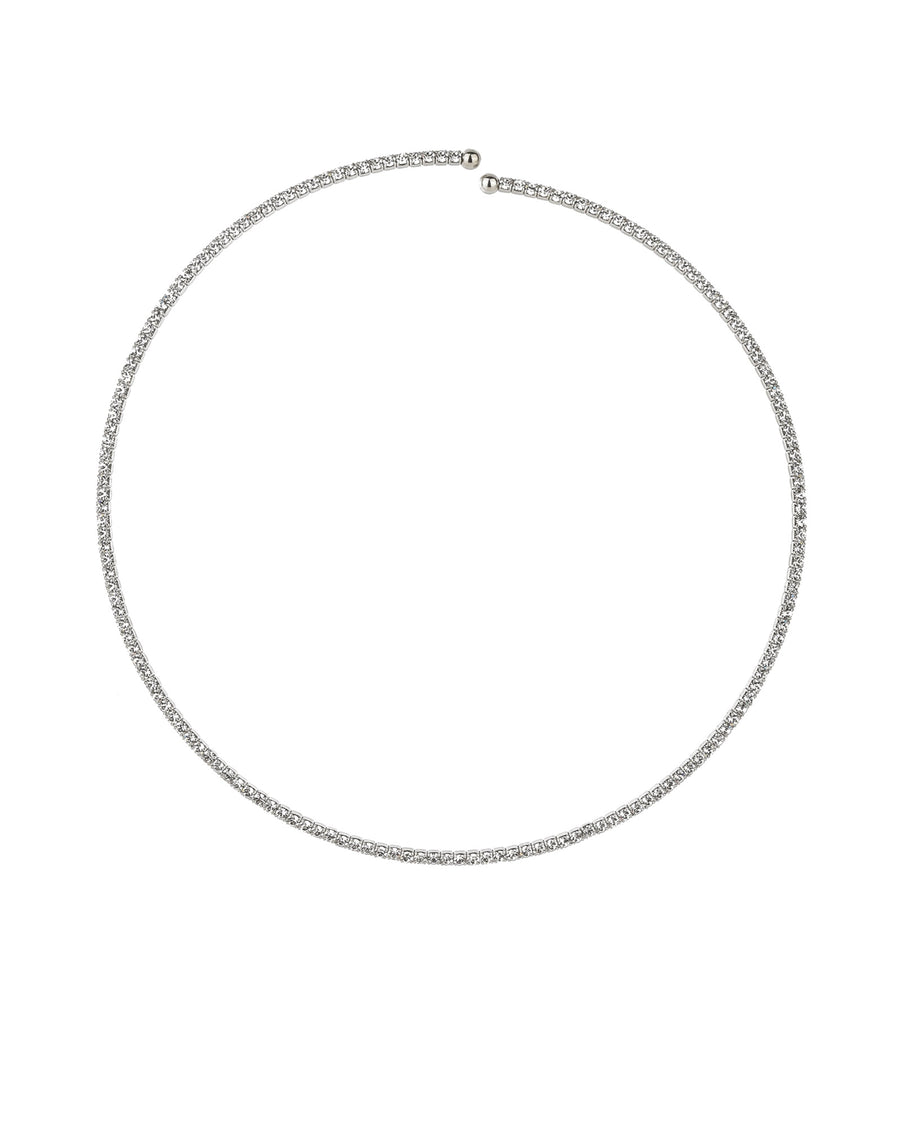Crystal Coin Single Pearl Collar Silver Tone, White Crystal