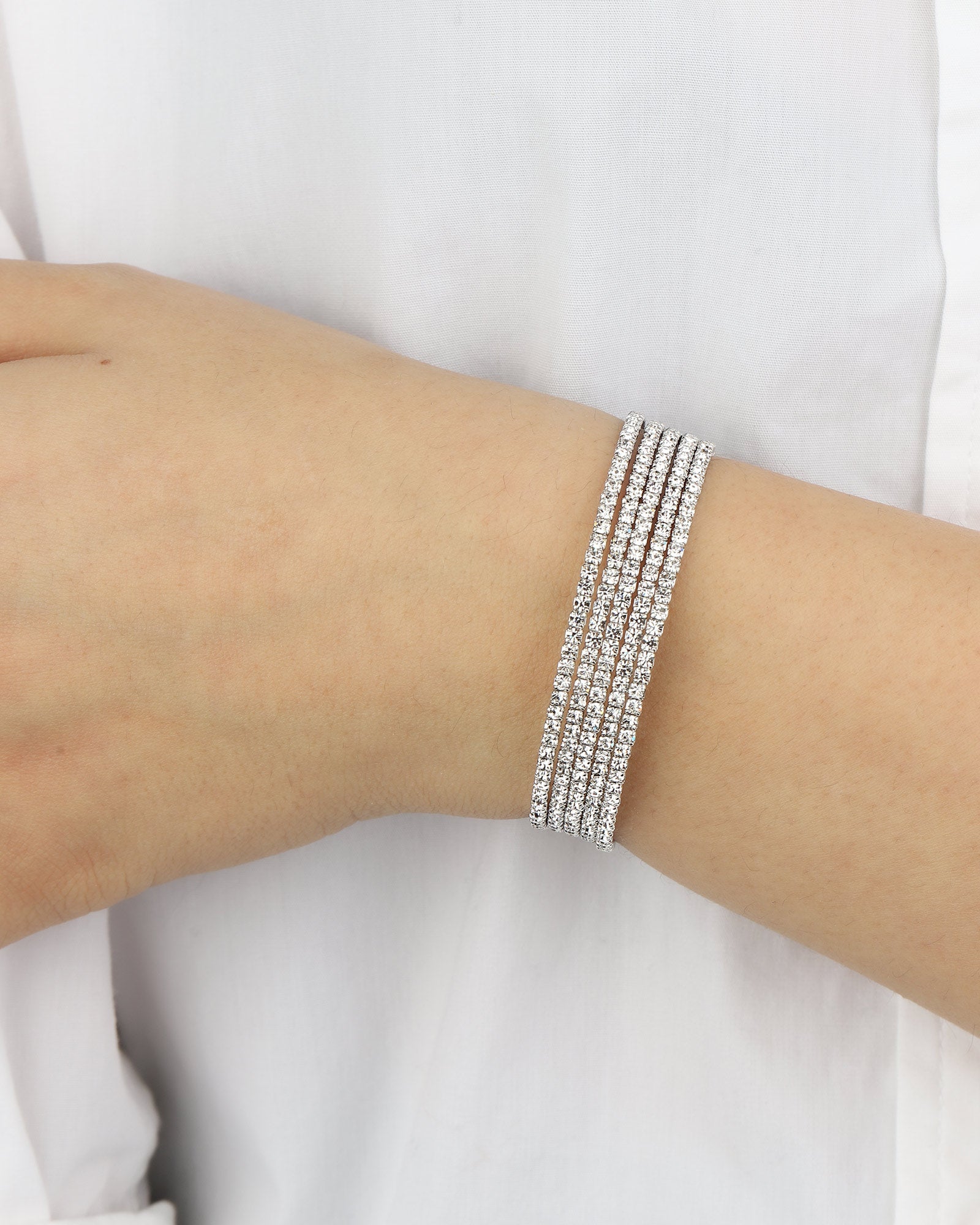 5 Row Crystal  Wrap Cuff Silver Tone, White Crystal