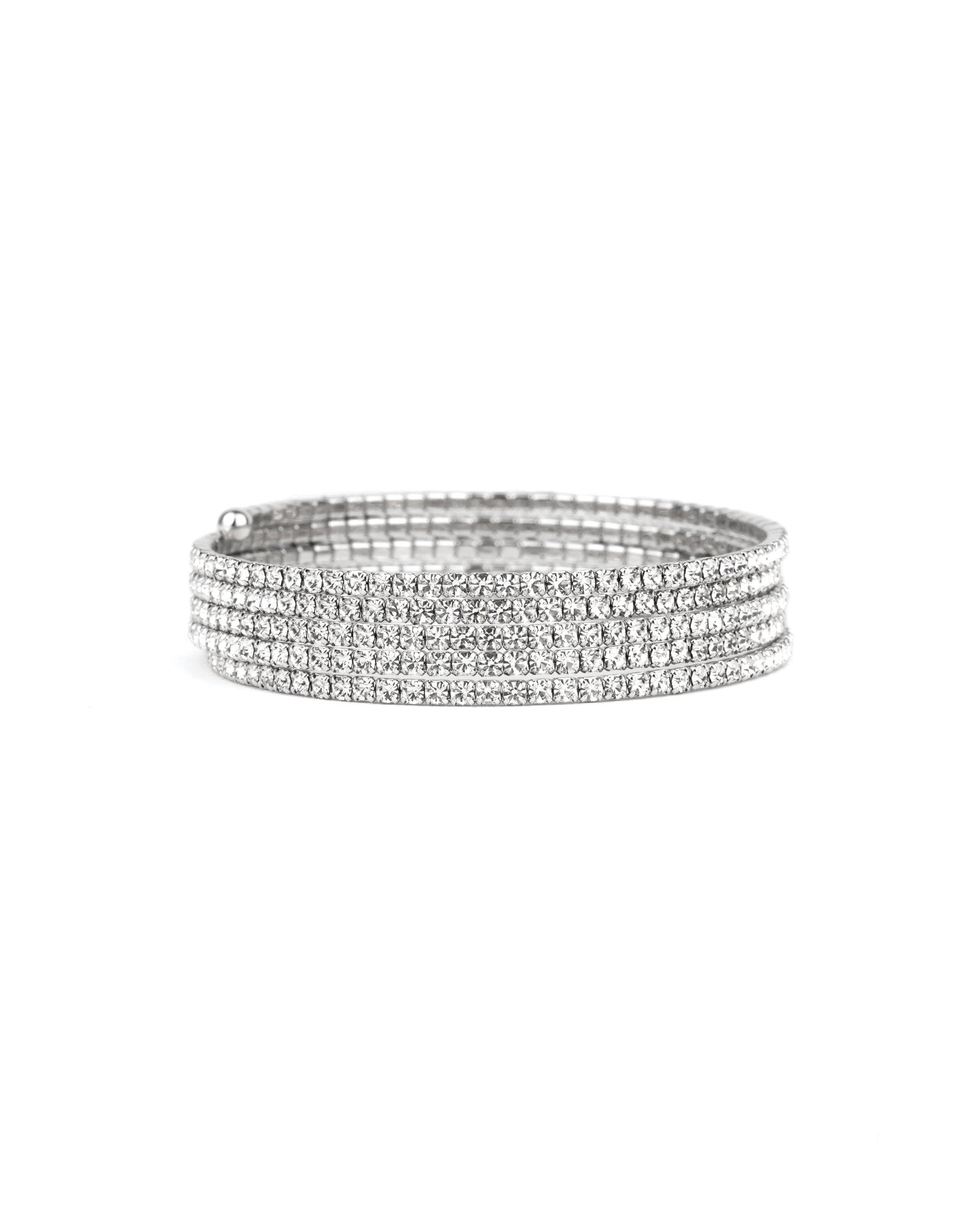 5 Row Crystal  Wrap Cuff Silver Tone, White Crystal