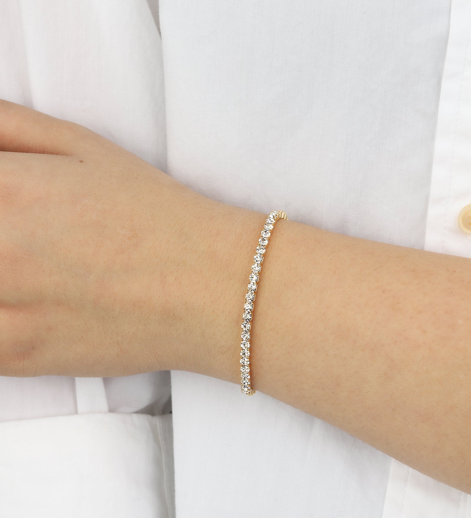 1 Row 3mm Crystal Stretch Bracelet Gold Tone, White Crystal