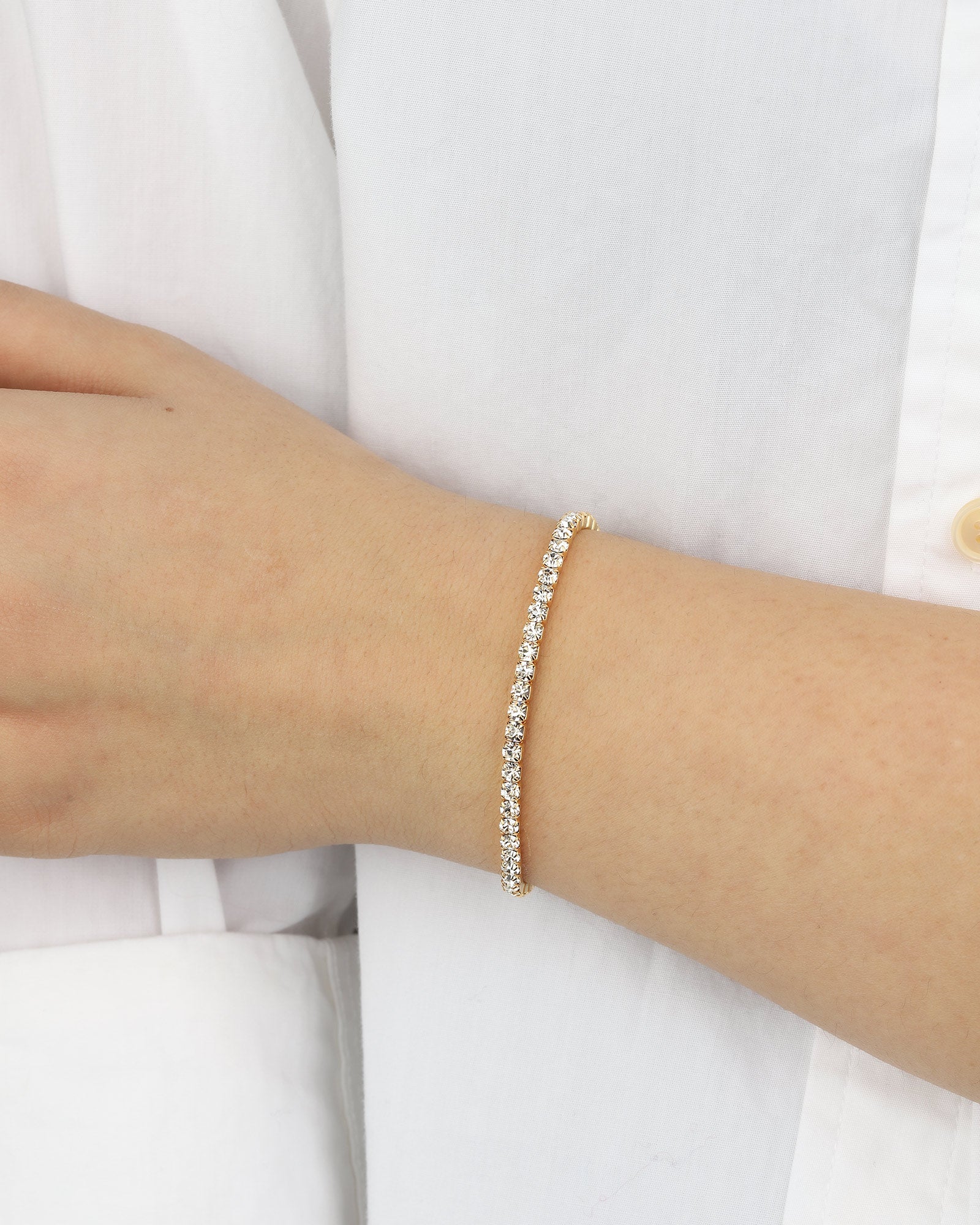 1 Row 3mm Crystal Stretch Bracelet Gold Tone, White Crystal