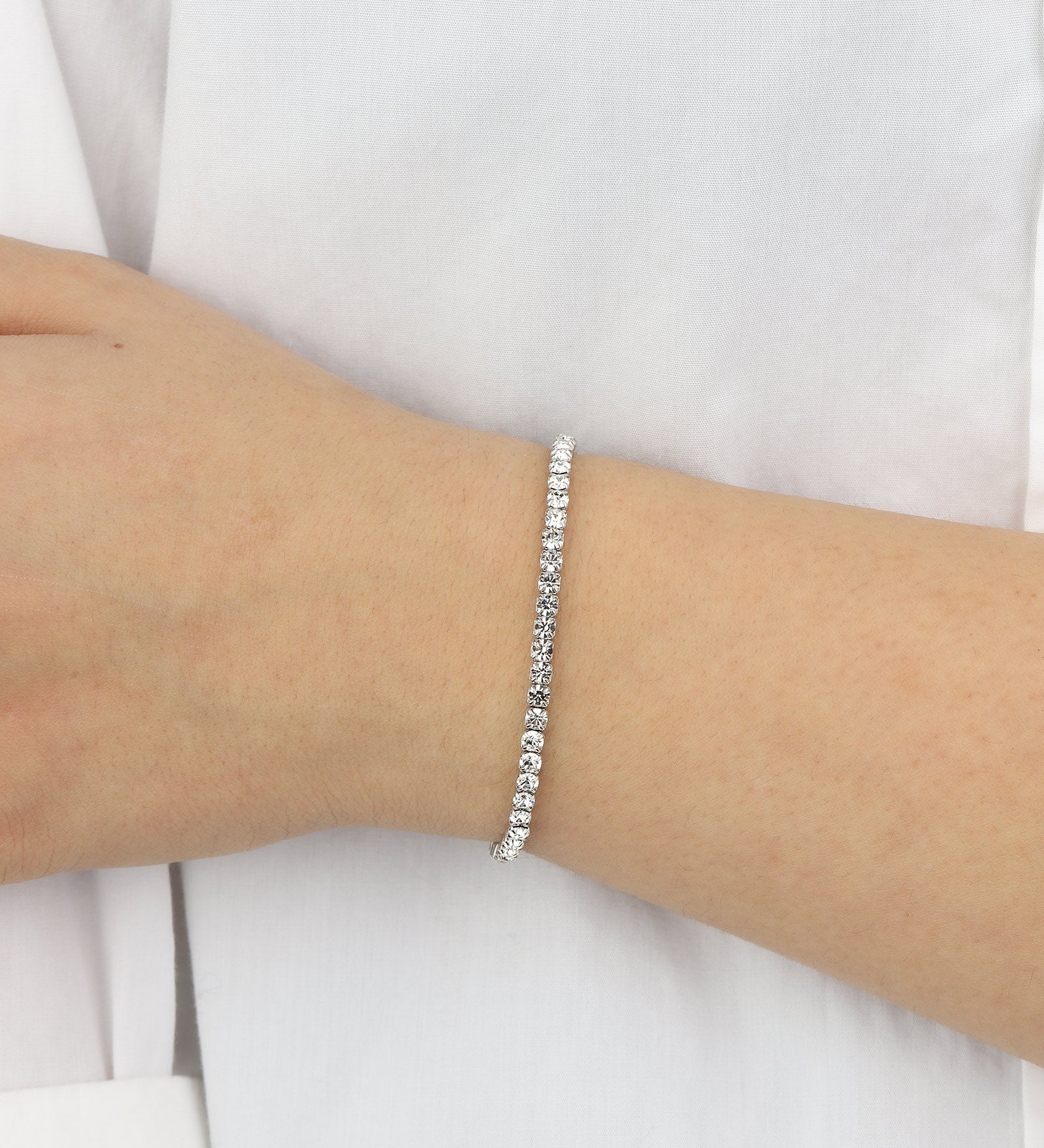 1 Row 3mm Crystal Stretch Bracelet Silver Tone, White Crystal