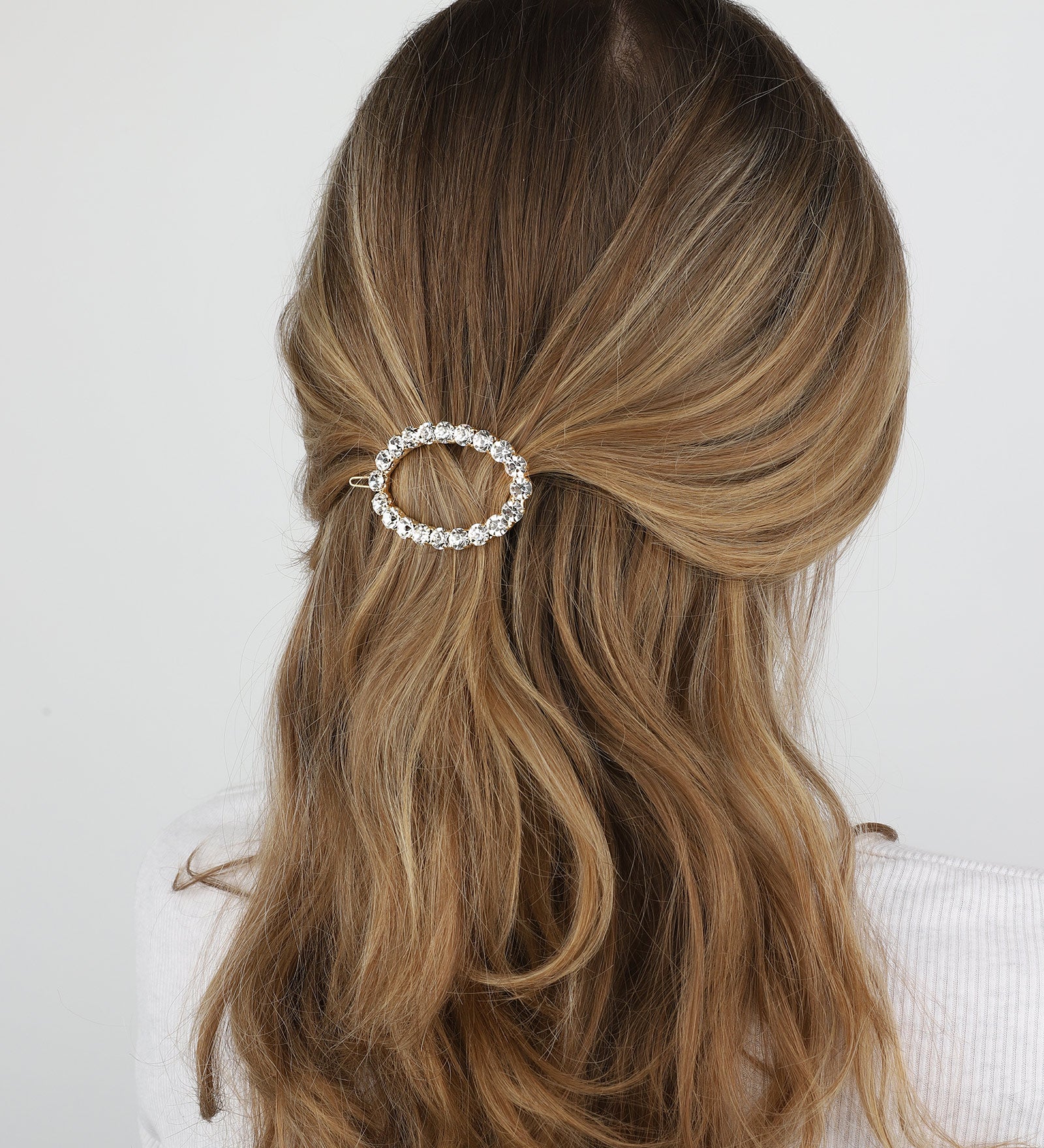 1 Row Large Crystal Oval Hairclip Gold Tone, White Crystal