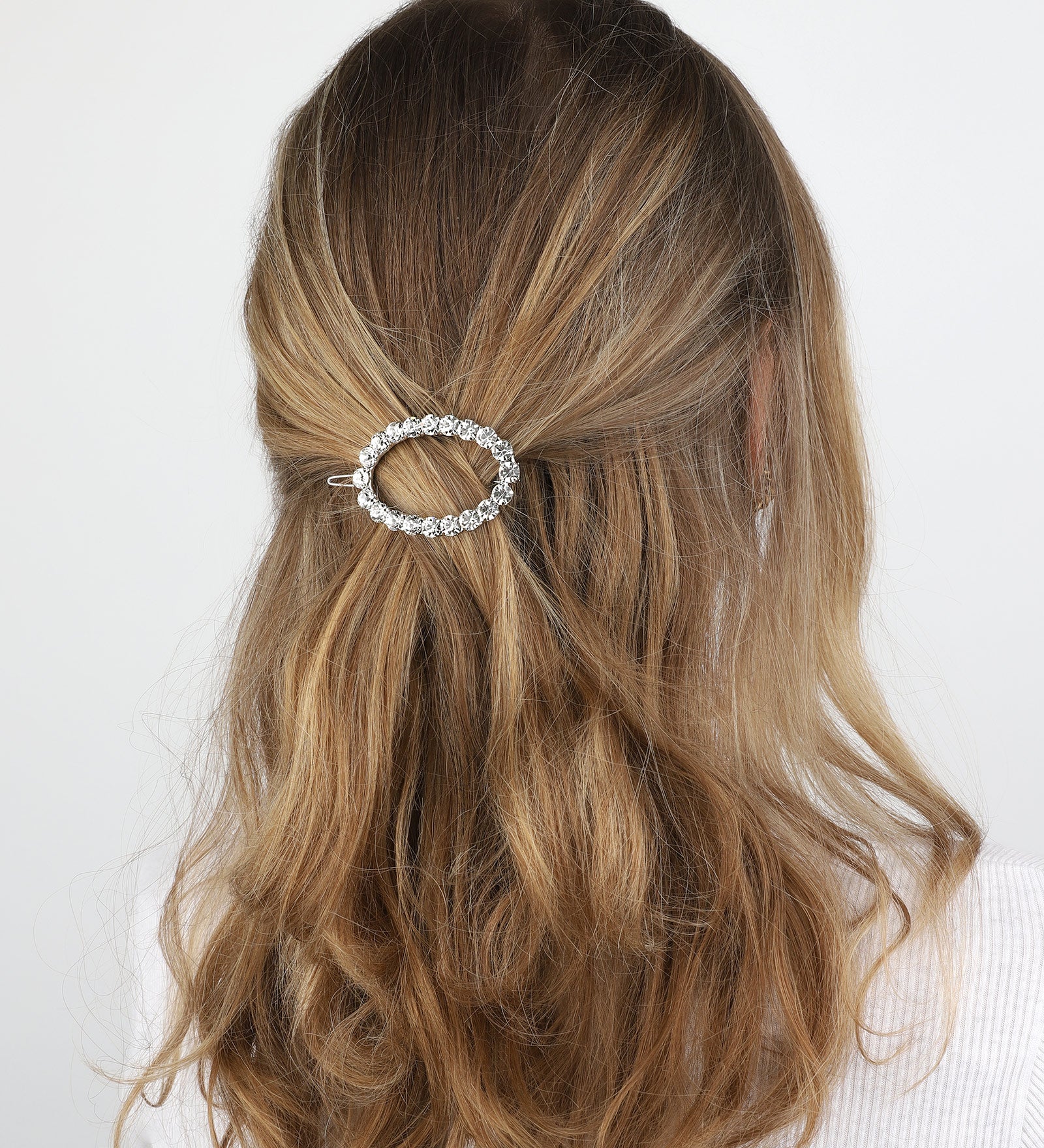 1 Row Large Crystal Oval Hairclip Silver Tone, White Crystal