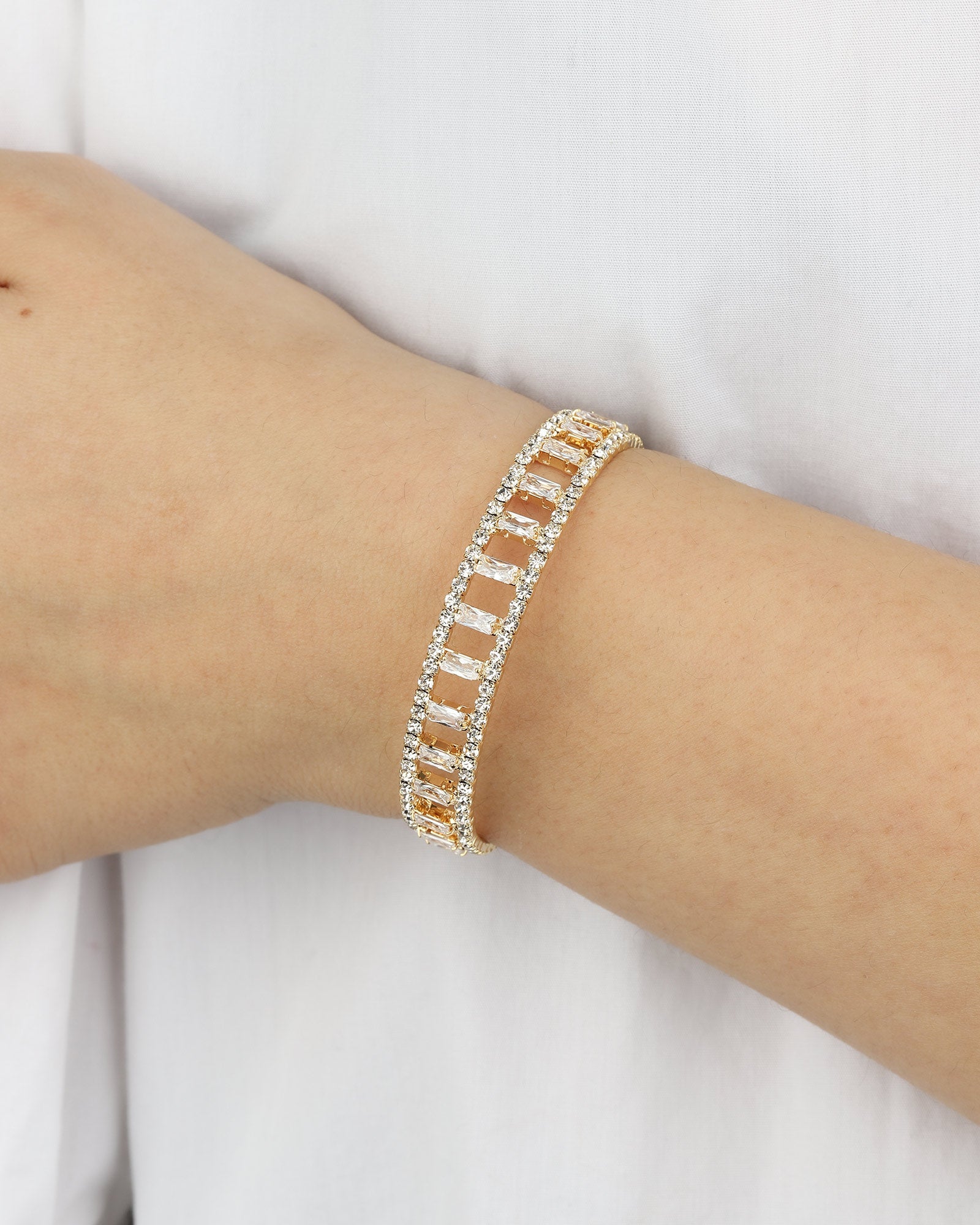 Wide Open Crystal & CZ Baguette Cuff Gold Tone, White Crystal
