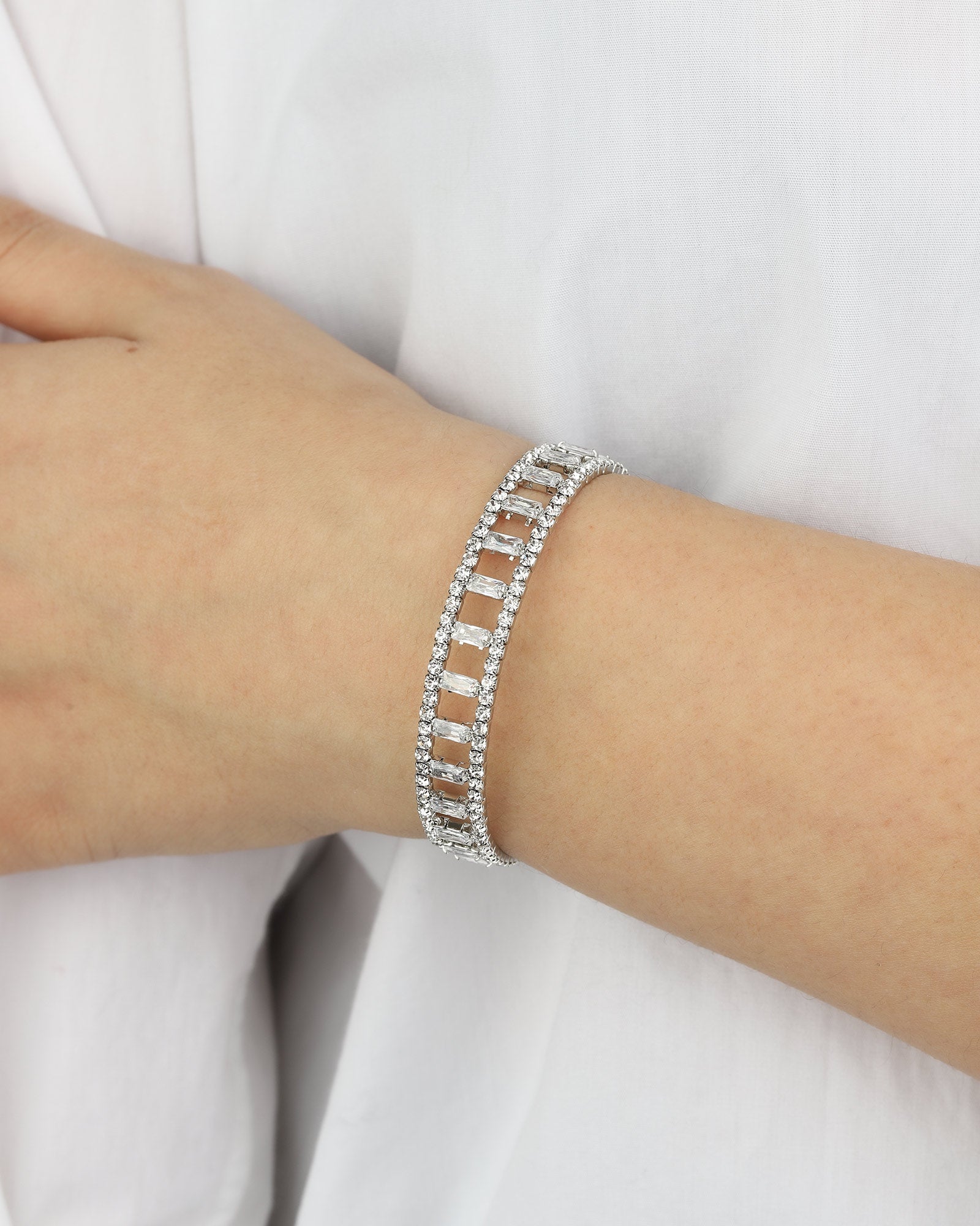 Wide Open Crystal & CZ Baguette Cuff Silver Tone, White Crystal