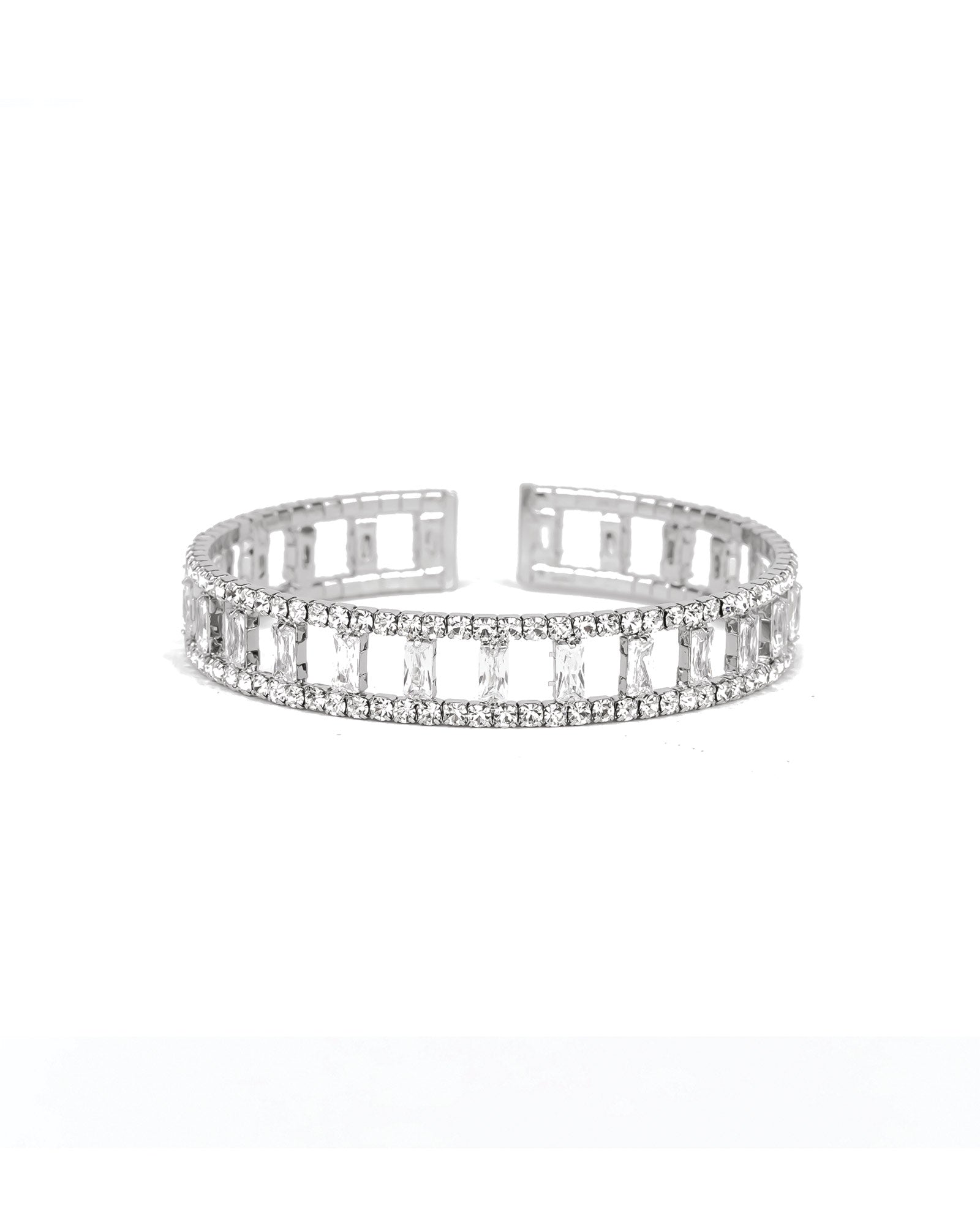 Wide Open Crystal & CZ Baguette Cuff Silver Tone, White Crystal