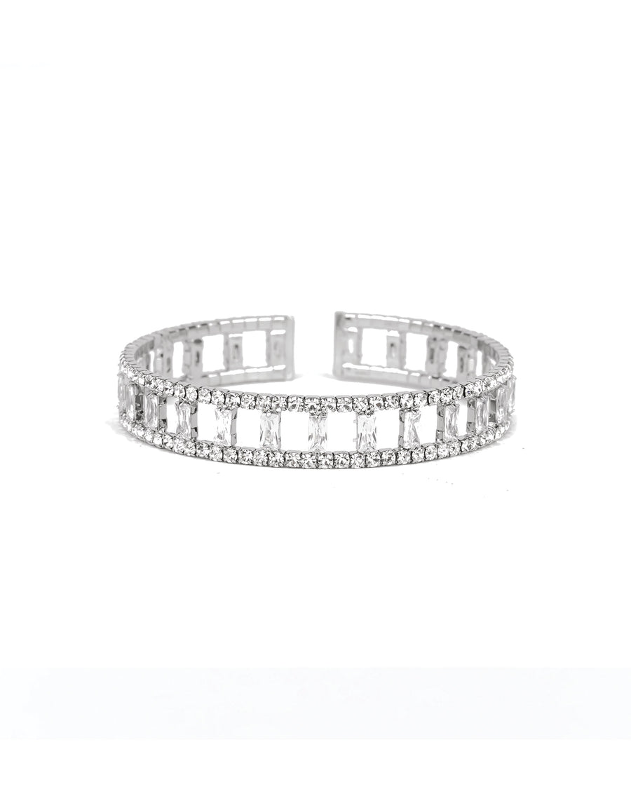 Wide Open Crystal & CZ Baguette Cuff Silver Tone, White Crystal