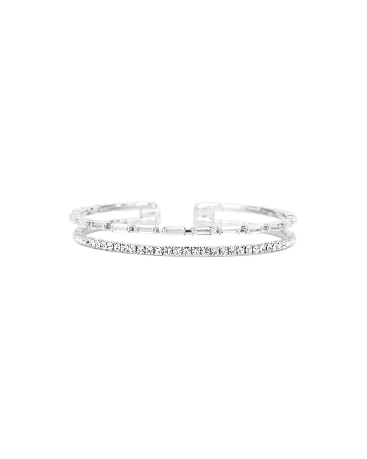 2 Row Crystal & CZ Baguette Cuff Silver Tone, White Crystal