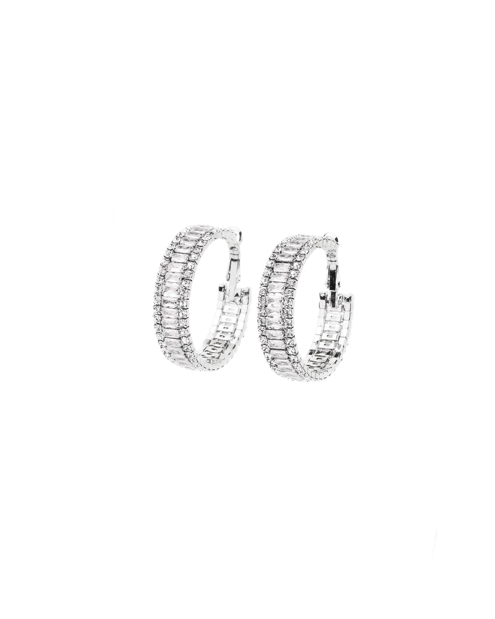 Baguette CZ Row Hoop | 34mm Silver Tone, White Crystal