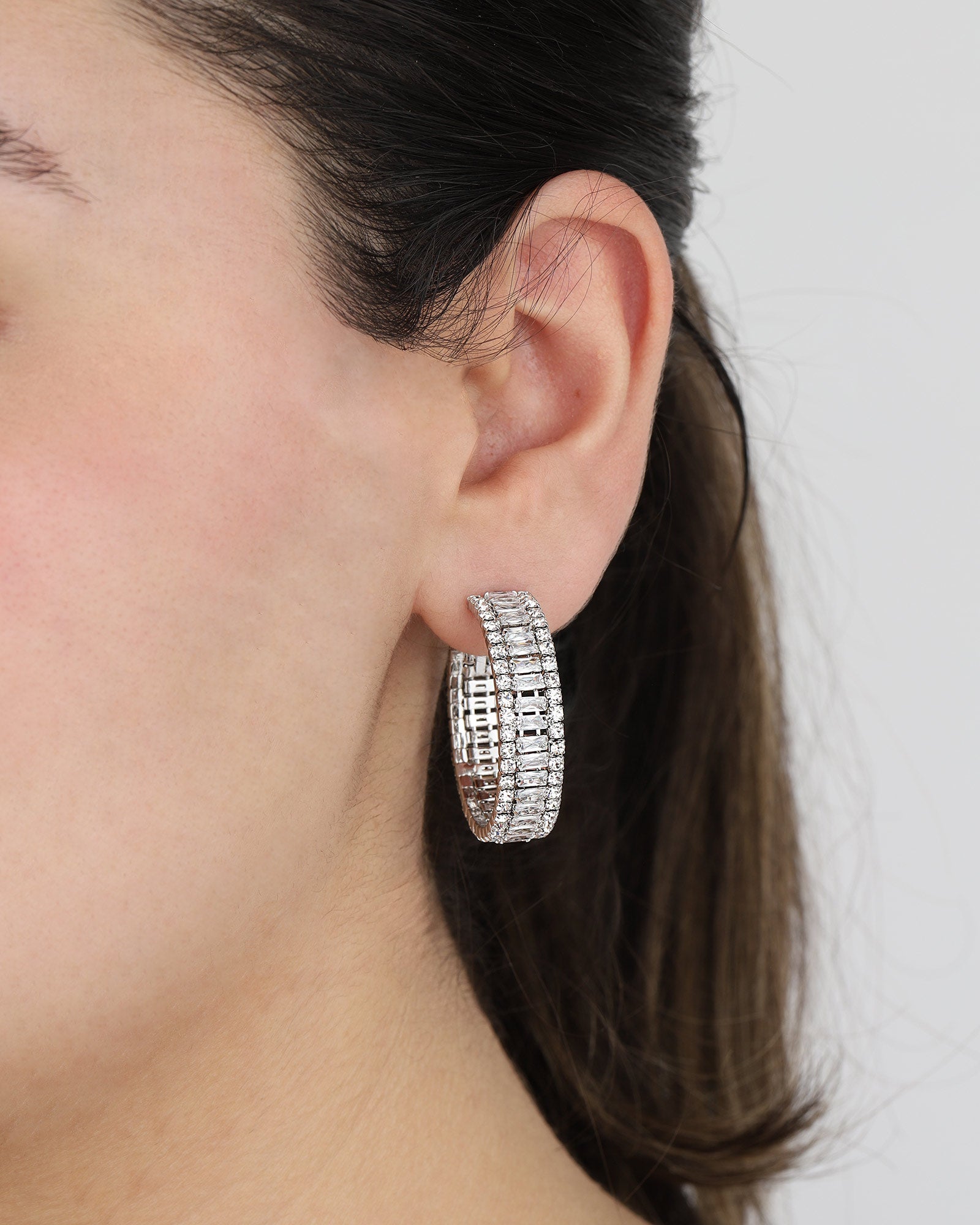 Baguette CZ Row Hoop | 34mm Silver Tone, White Crystal