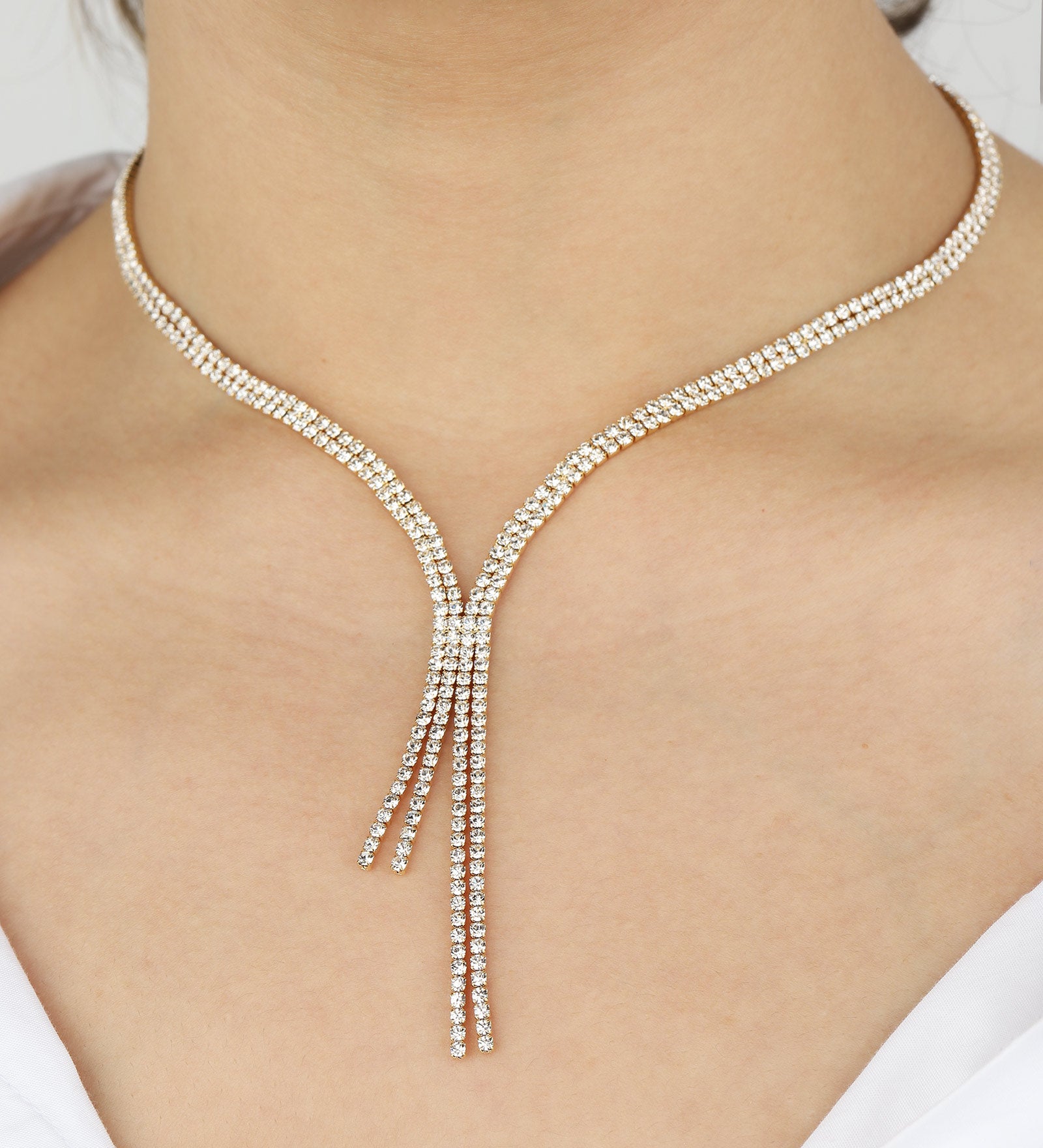 2 Row Crystal Lariat Gold Tone, White Crystal