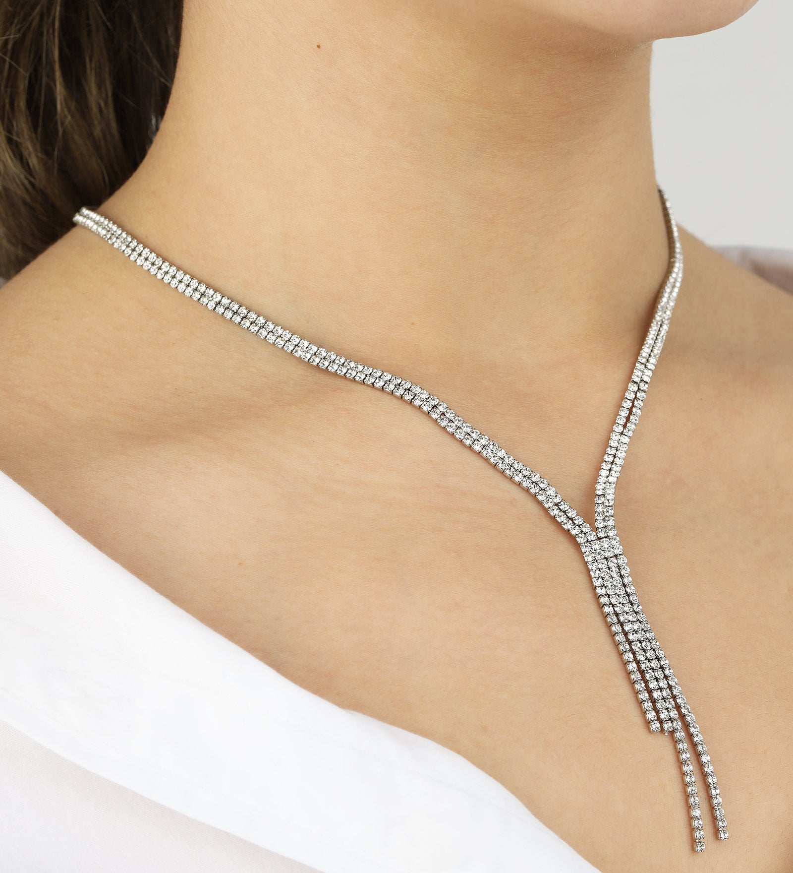 2 Row Crystal Lariat Silver Tone, White Crystal