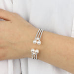 3 Row Crystal Pearl Ball Cuff Silver Tone, White Crystal
