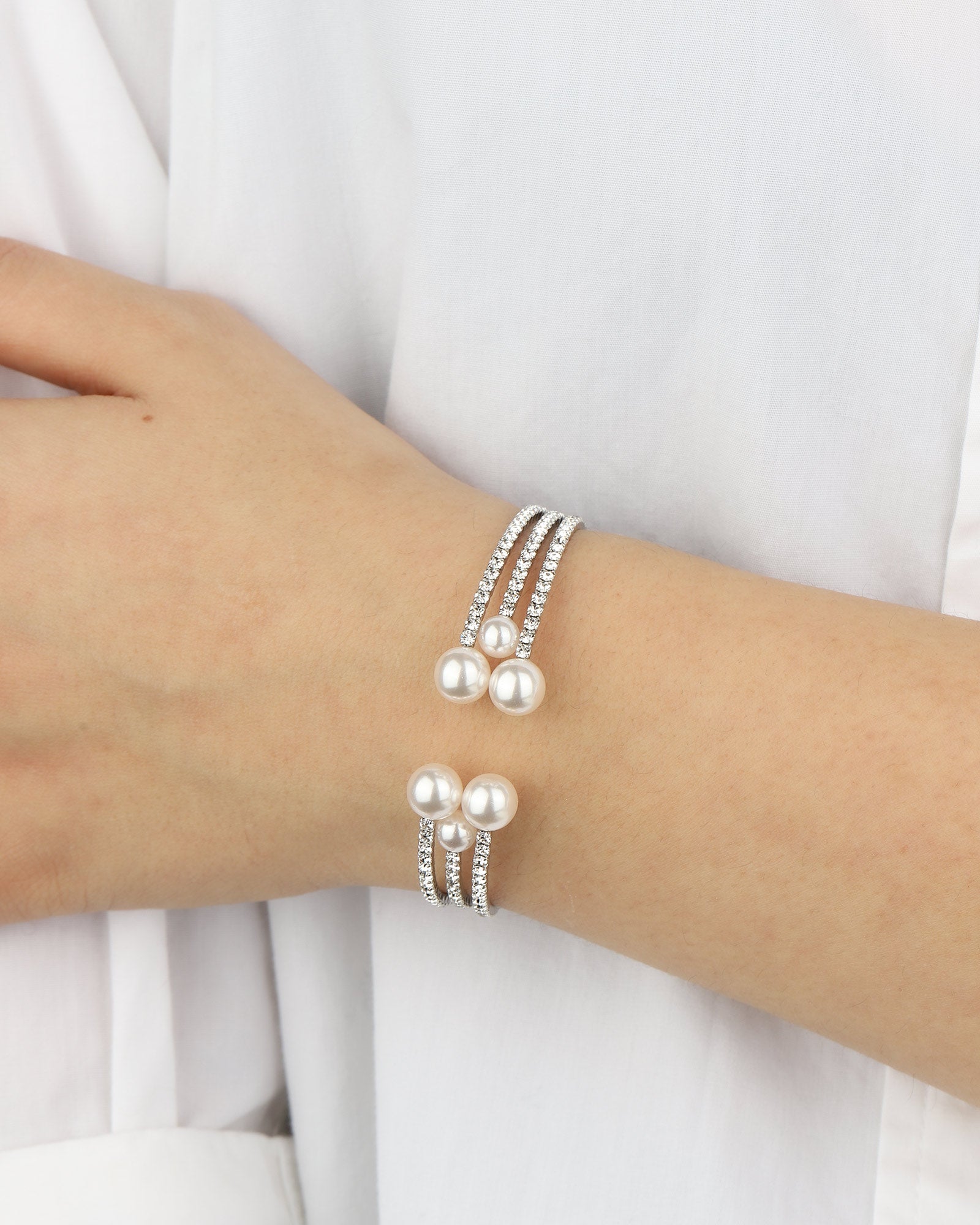 3 Row Crystal Pearl Ball Cuff Silver Tone, White Crystal